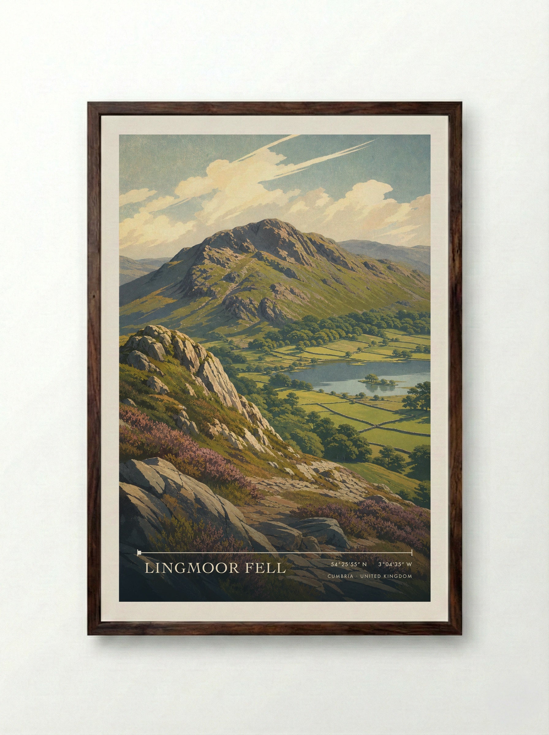 Lingmoor Fell Cumbria United Kingdom Travel Poster - Framed Print Dark Wood