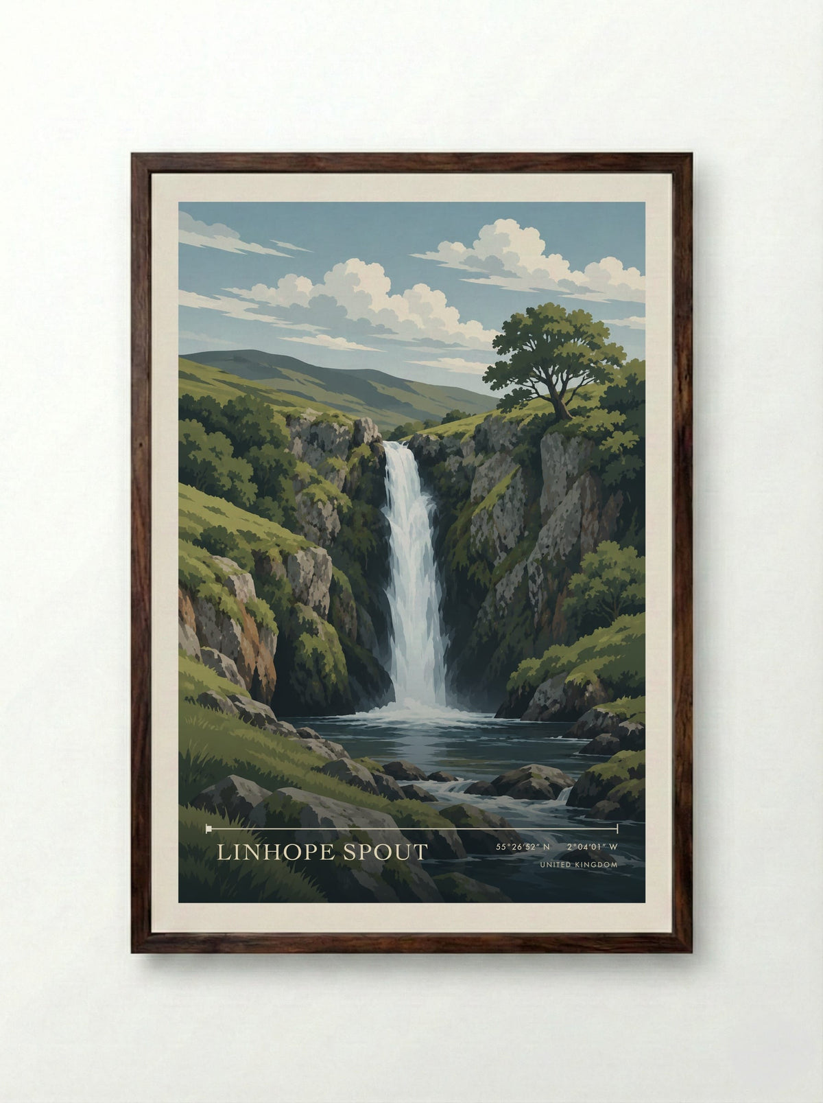 Linhope Spout | Travel Poster - Framed Print Dark Wood