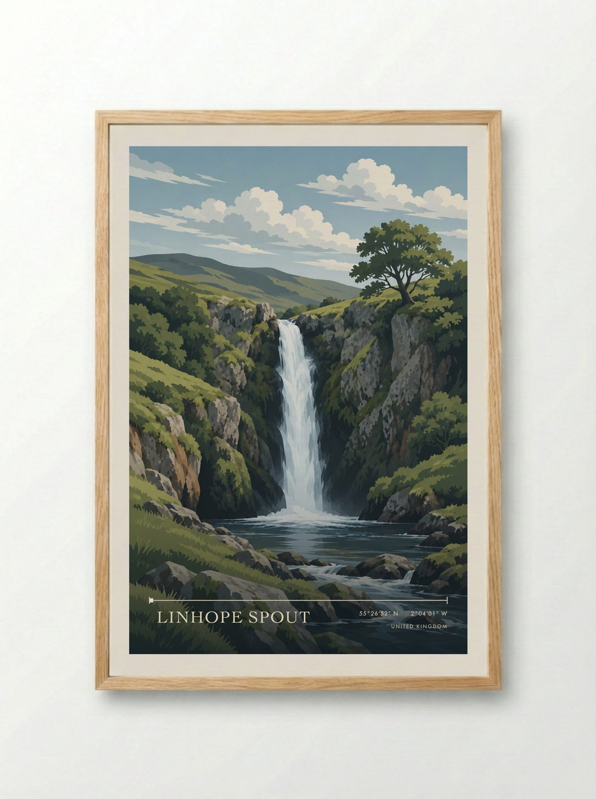 Linhope Spout | Travel Poster - Framed Print Wood