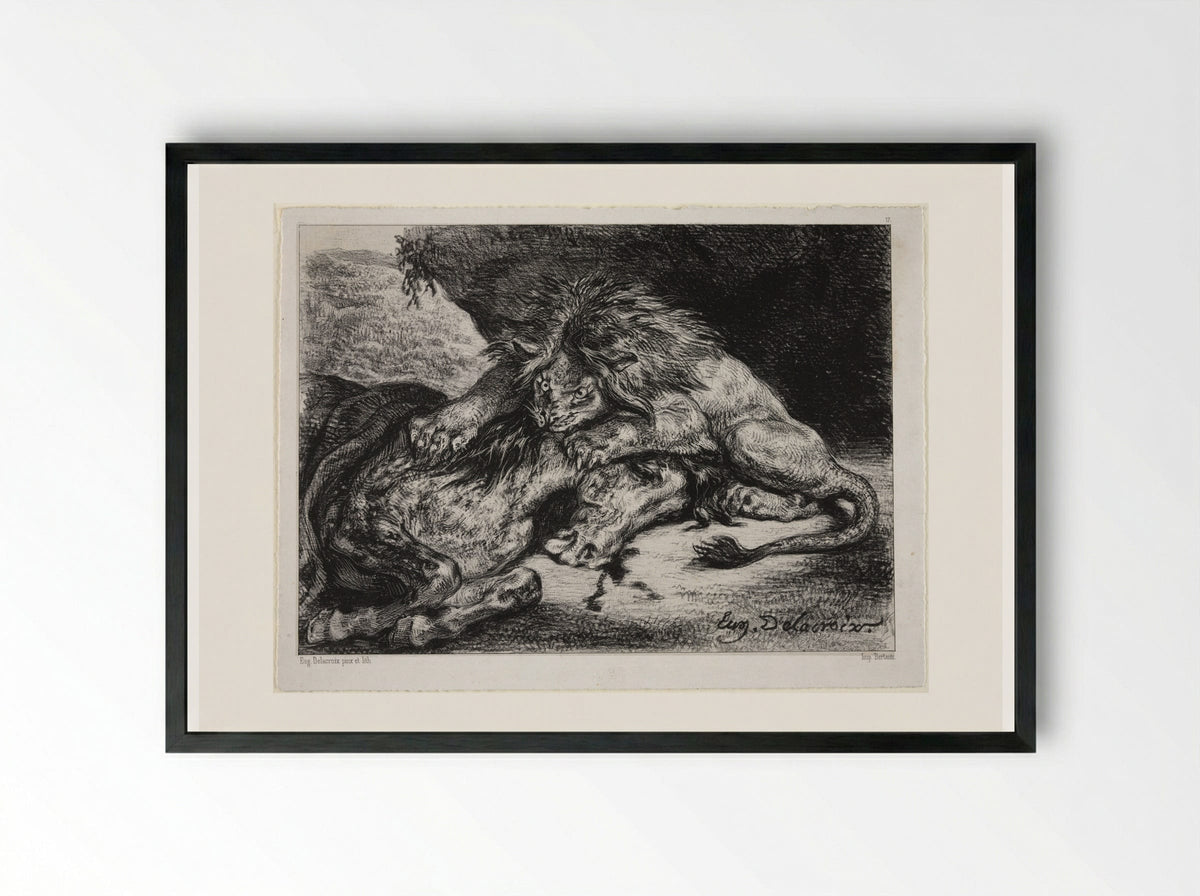 Lion Devouring a Horse - Ferdinand-Victor-Eugène Delacroix - Framed Print Black