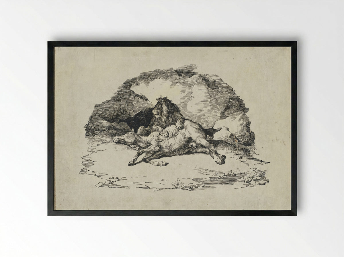 Lion Devouring a Horse - Théodore Géricault - Framed Print Black