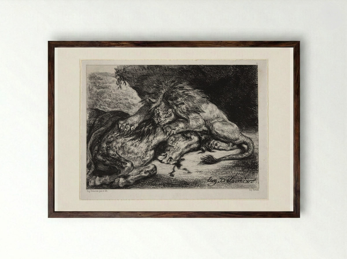 Lion Devouring a Horse - Ferdinand-Victor-Eugène Delacroix - Framed Print Dark Wood