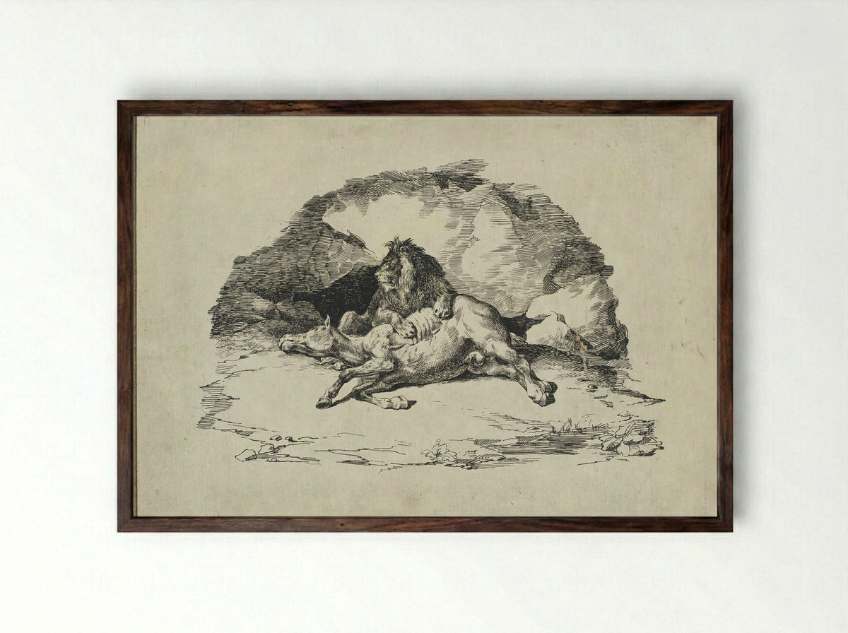 Lion Devouring a Horse - Théodore Géricault - Framed Print Dark Wood