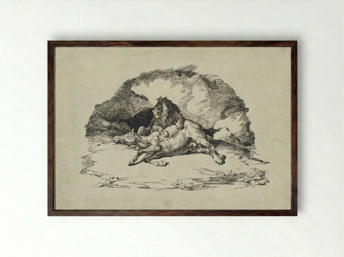 Lion Devouring a Horse - Théodore Géricault - Framed Print Dark Wood