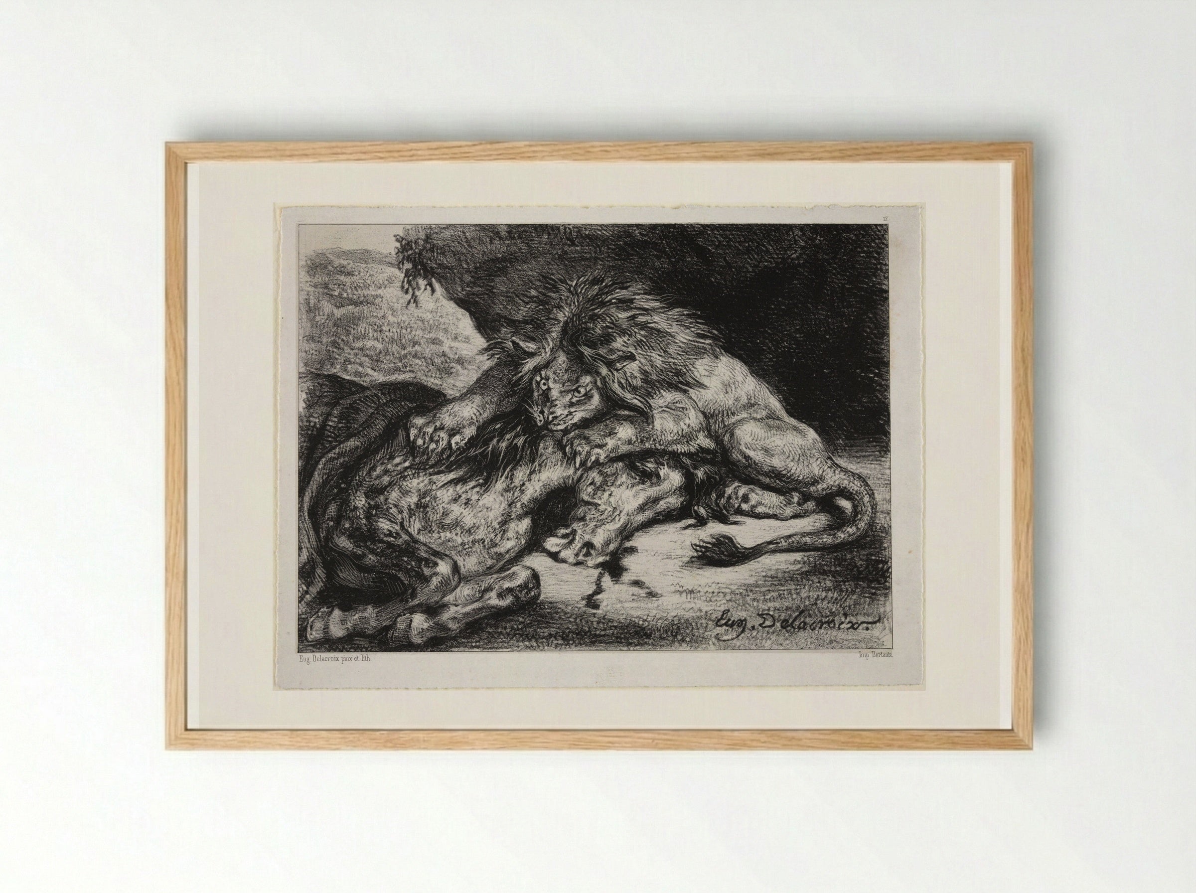Lion Devouring a Horse - Ferdinand-Victor-Eugène Delacroix - Framed Print Wood