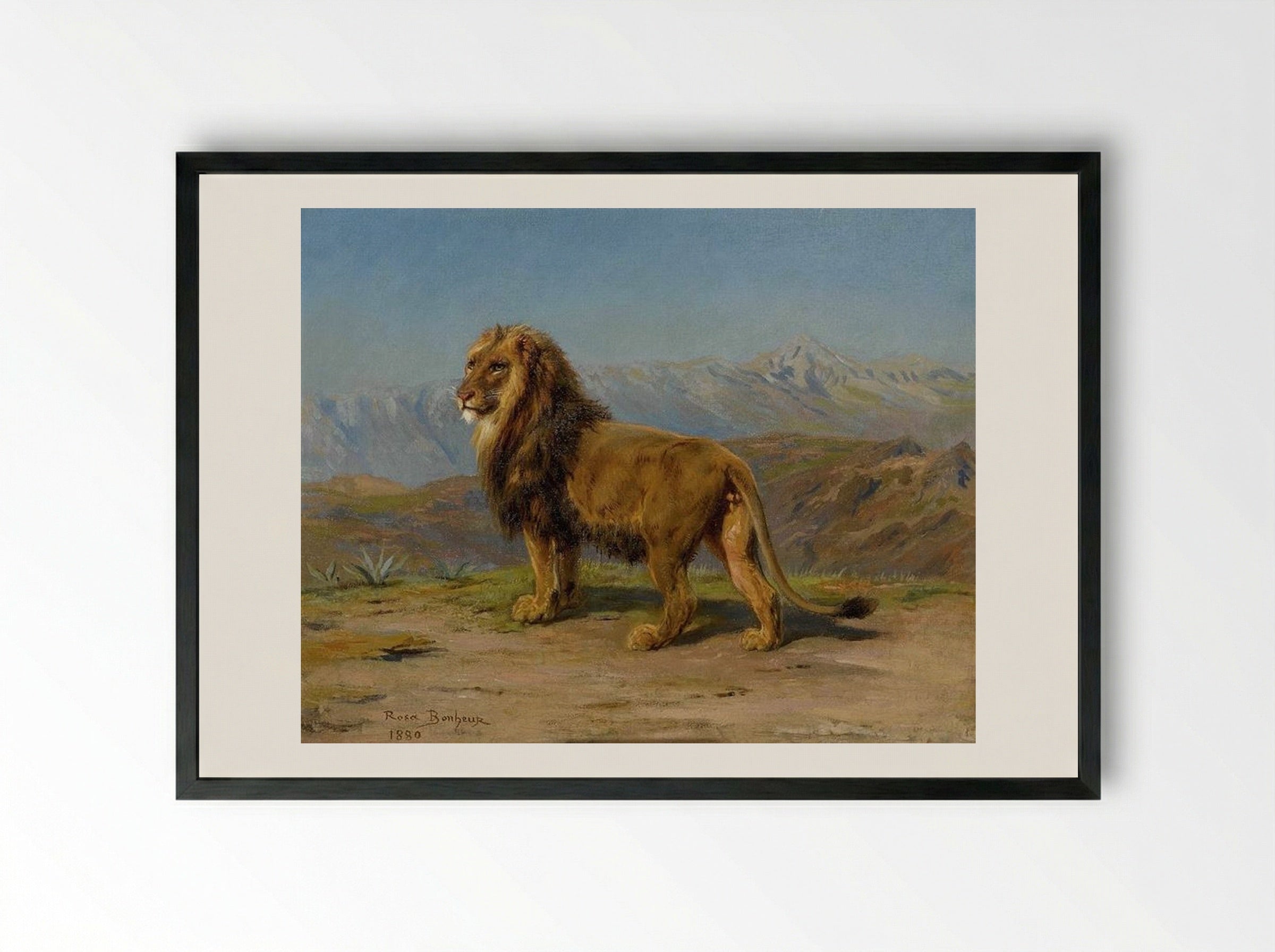 Lion in a Mountainous Landscape - Rosa Bonheur - Framed Print Black