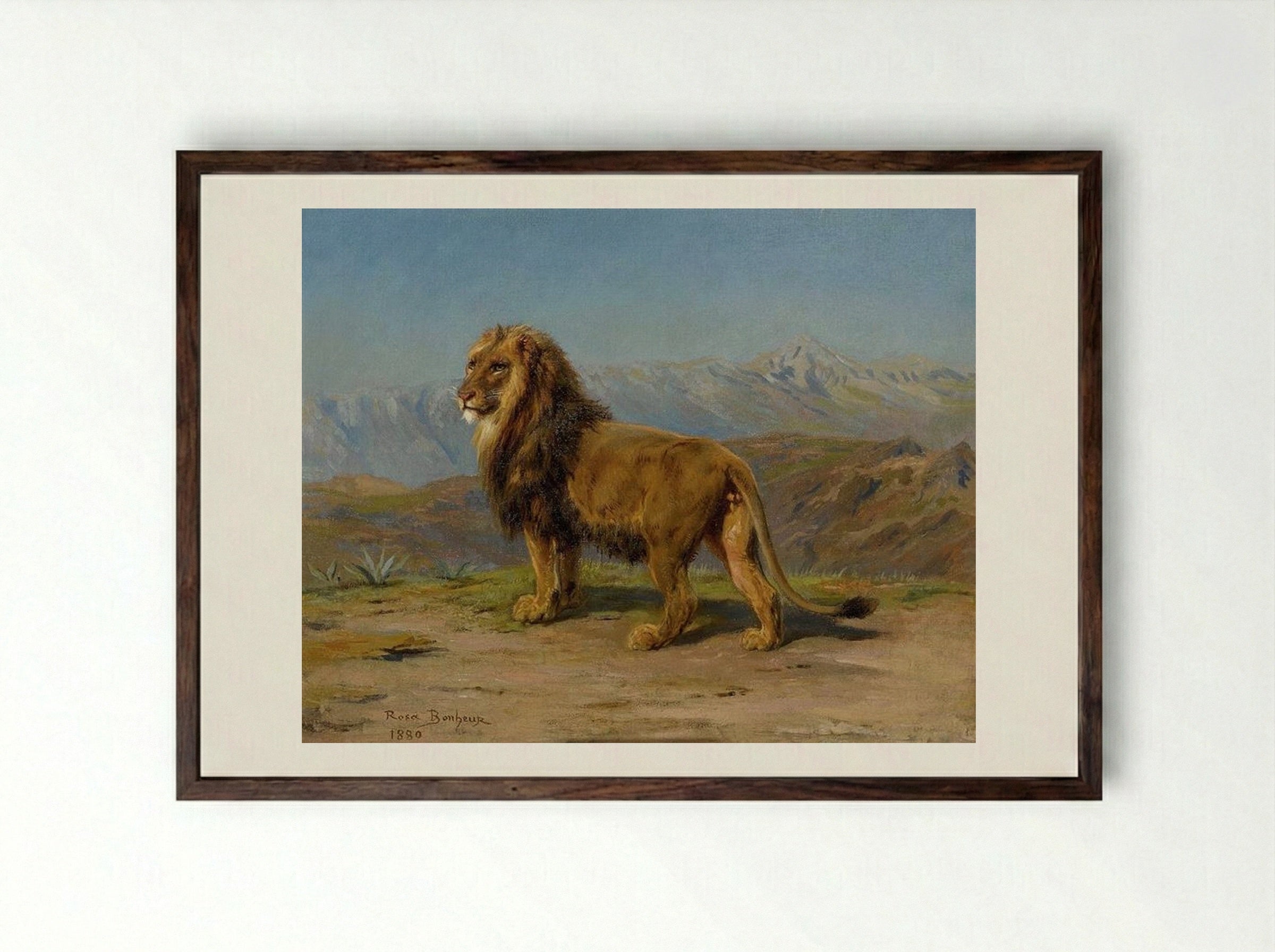 Lion in a Mountainous Landscape - Rosa Bonheur - Framed Print Dark Wood