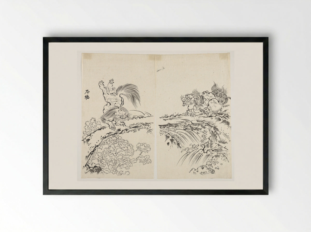 Lions Dancing Among Peonies on Stone Bridge - Fine Art Print - Framed Print Black