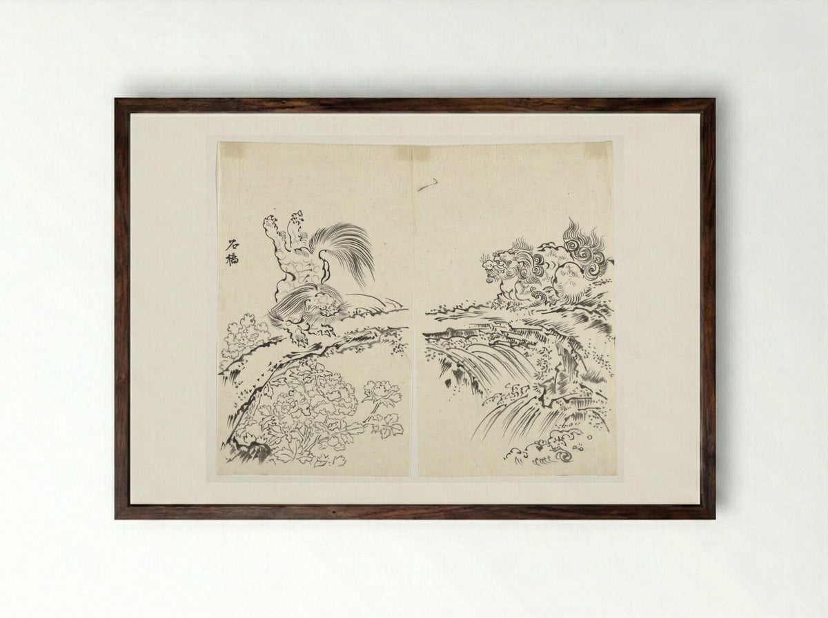 Lions Dancing Among Peonies on Stone Bridge - Fine Art Print - Framed Print Dark Wood