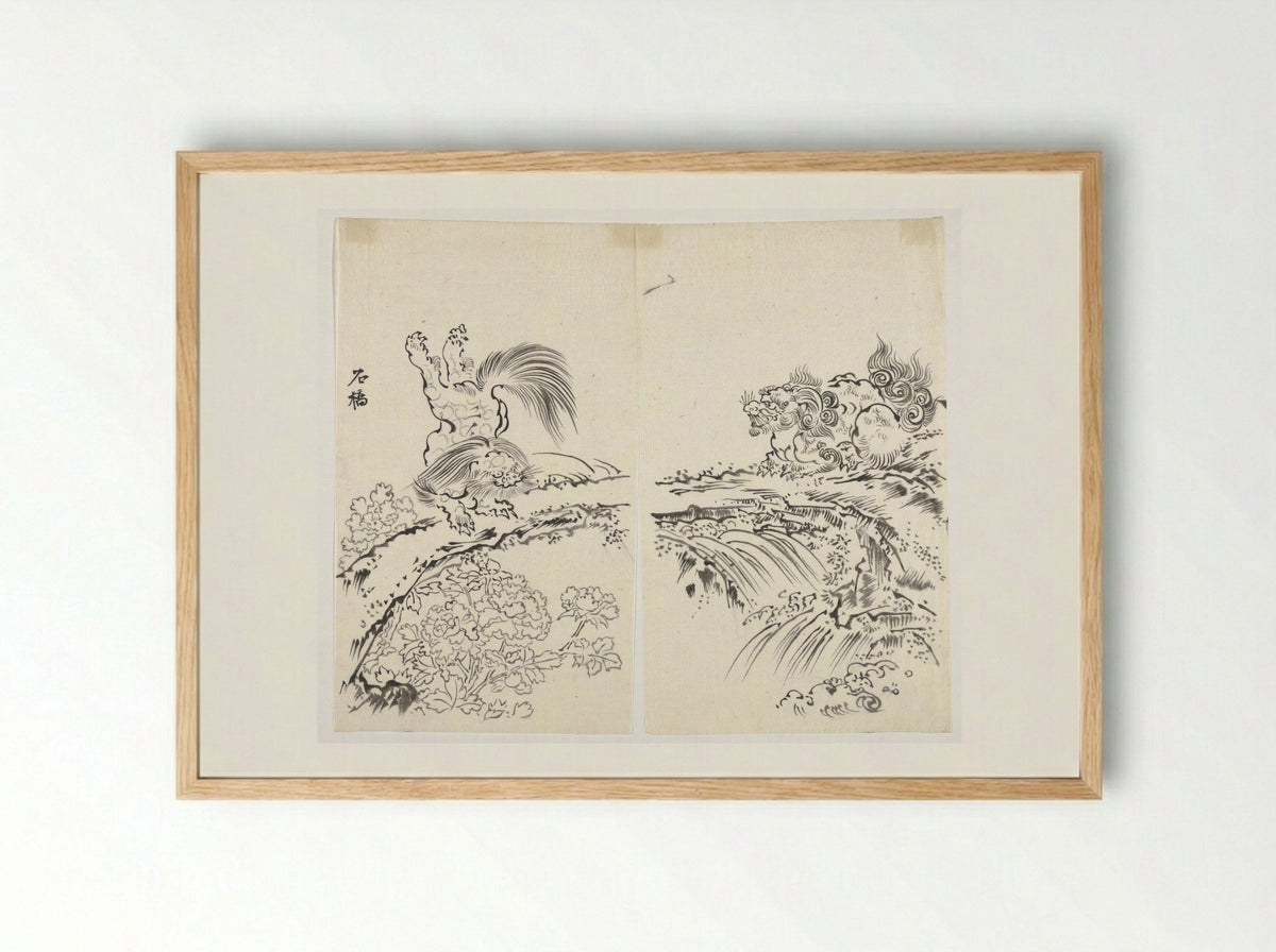 Lions Dancing Among Peonies on Stone Bridge - Fine Art Print - Framed Print Wood