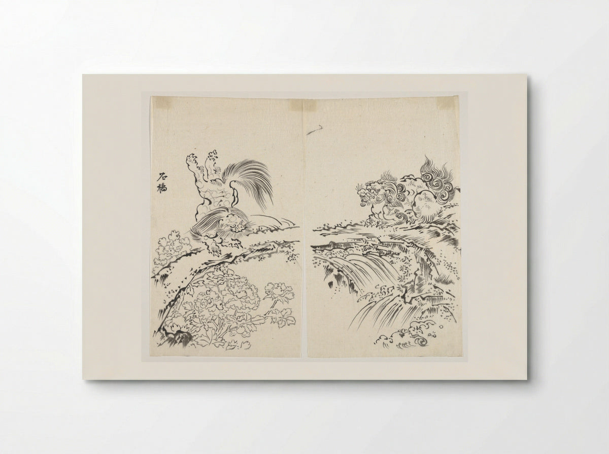 Lions Dancing Among Peonies on Stone Bridge - Fine Art Print - Poster
