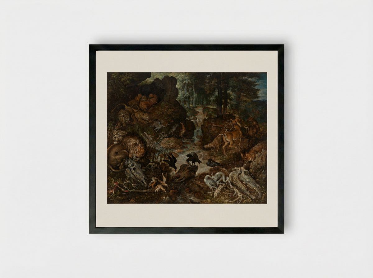 Lions and Fox in a Rugged Landscape - Roelant Savery - Framed Print Black