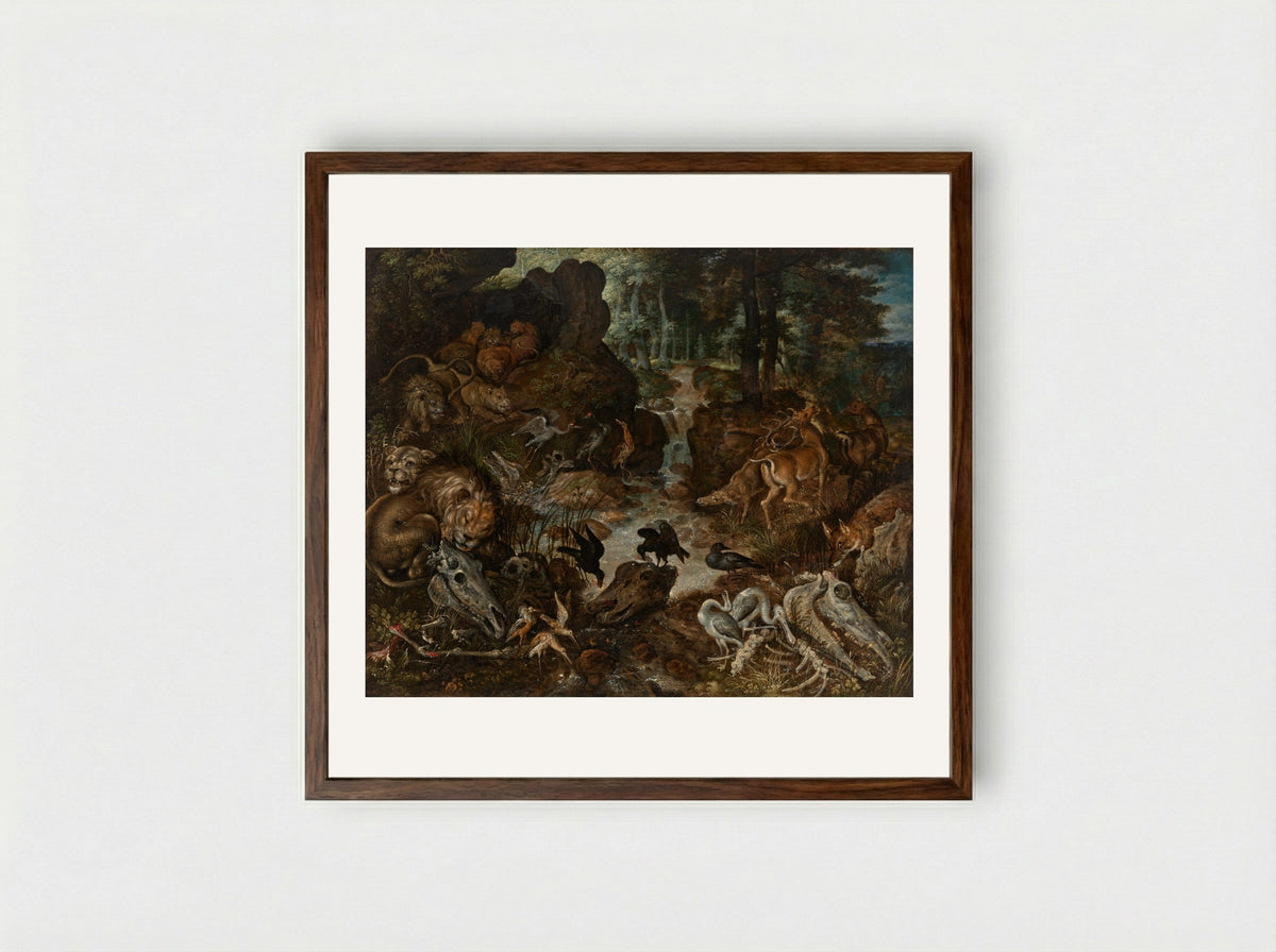 Lions and Fox in a Rugged Landscape - Roelant Savery - Framed Print Dark Wood