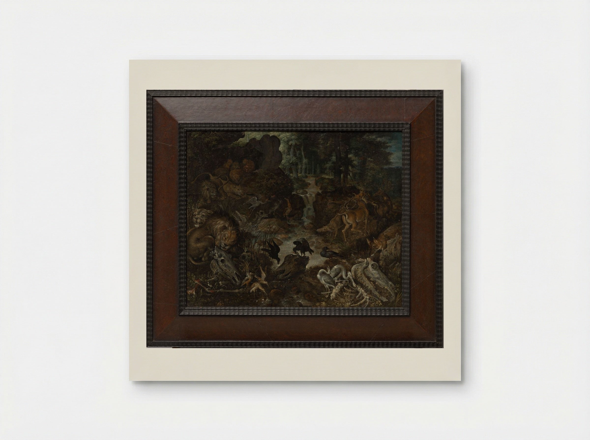 Lions and Fox in a Rugged Landscape - Roelant Savery - Poster