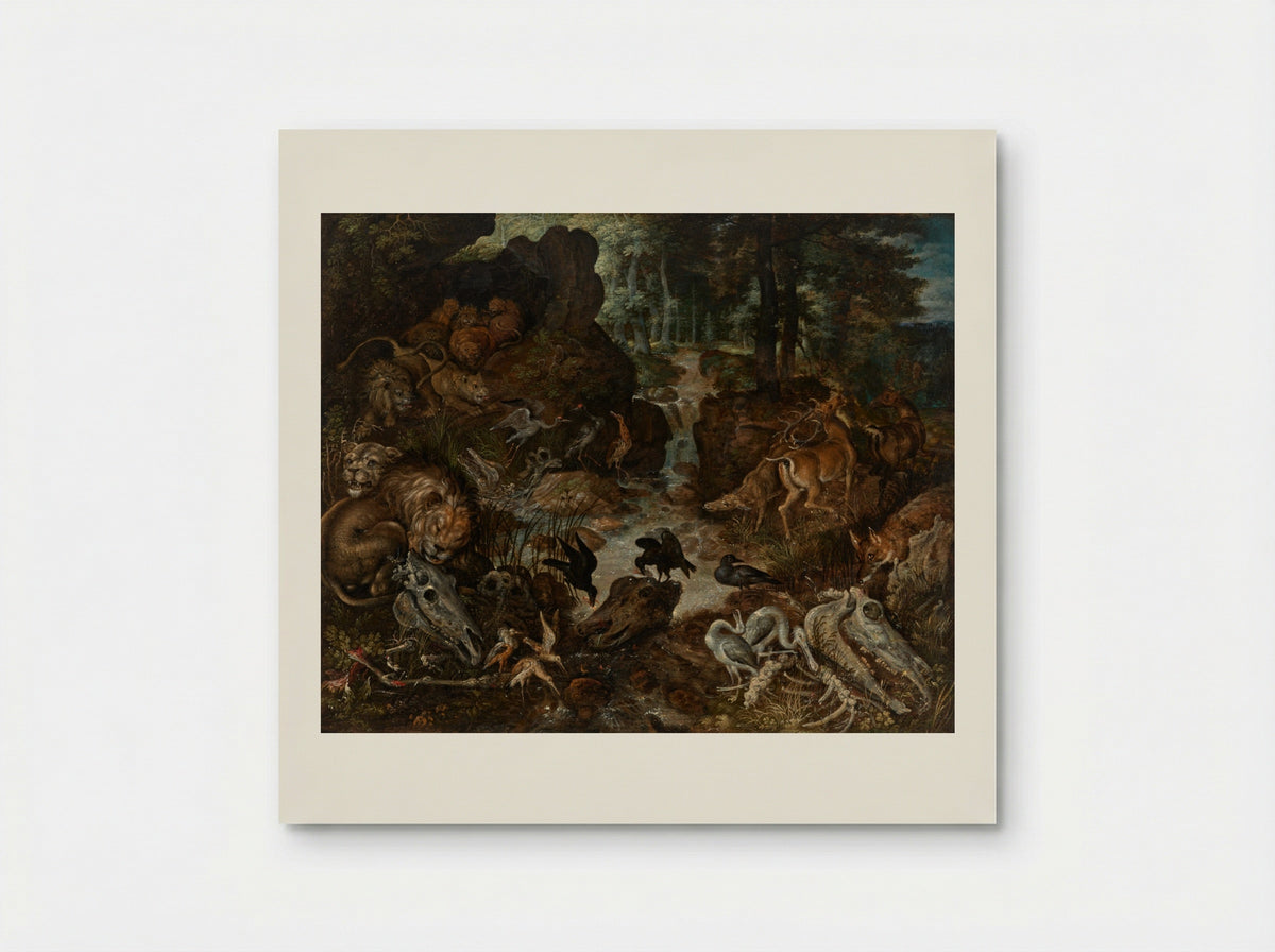 Lions and Fox in a Rugged Landscape - Roelant Savery - Poster