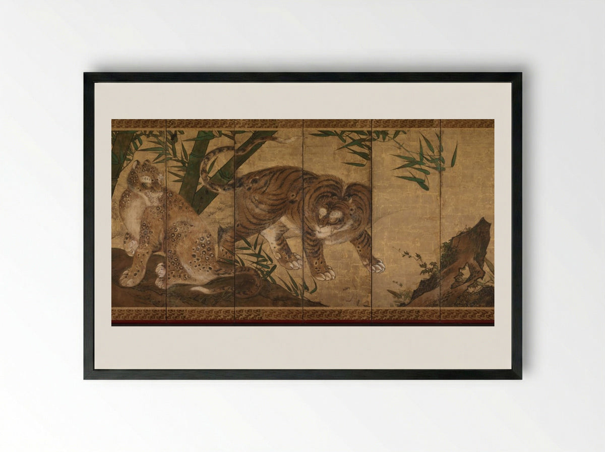 Lions and Tigers in Peony and Bamboo - Yamaguchi Sekkei - Framed Print Black