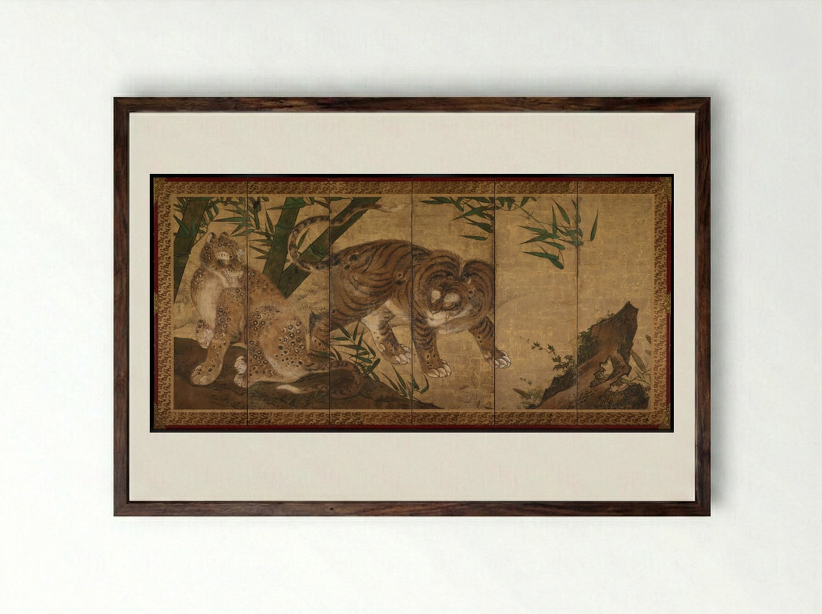 Lions and Tigers in Peony and Bamboo - Yamaguchi Sekkei - Framed Print Dark Wood