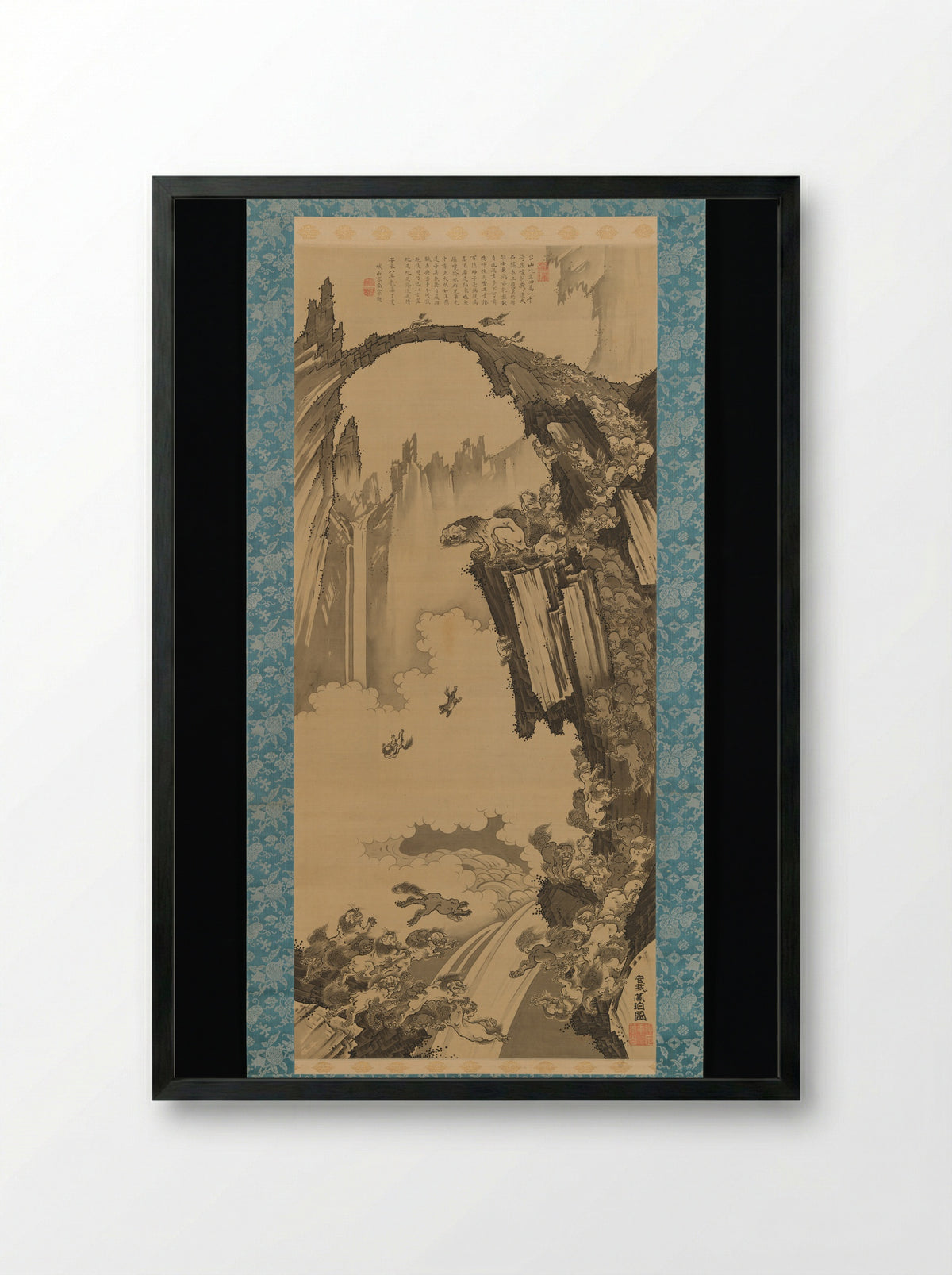 Lions at the Stone Bridge of Mount Tiantai - Soga Shōhaku - Framed Print Black