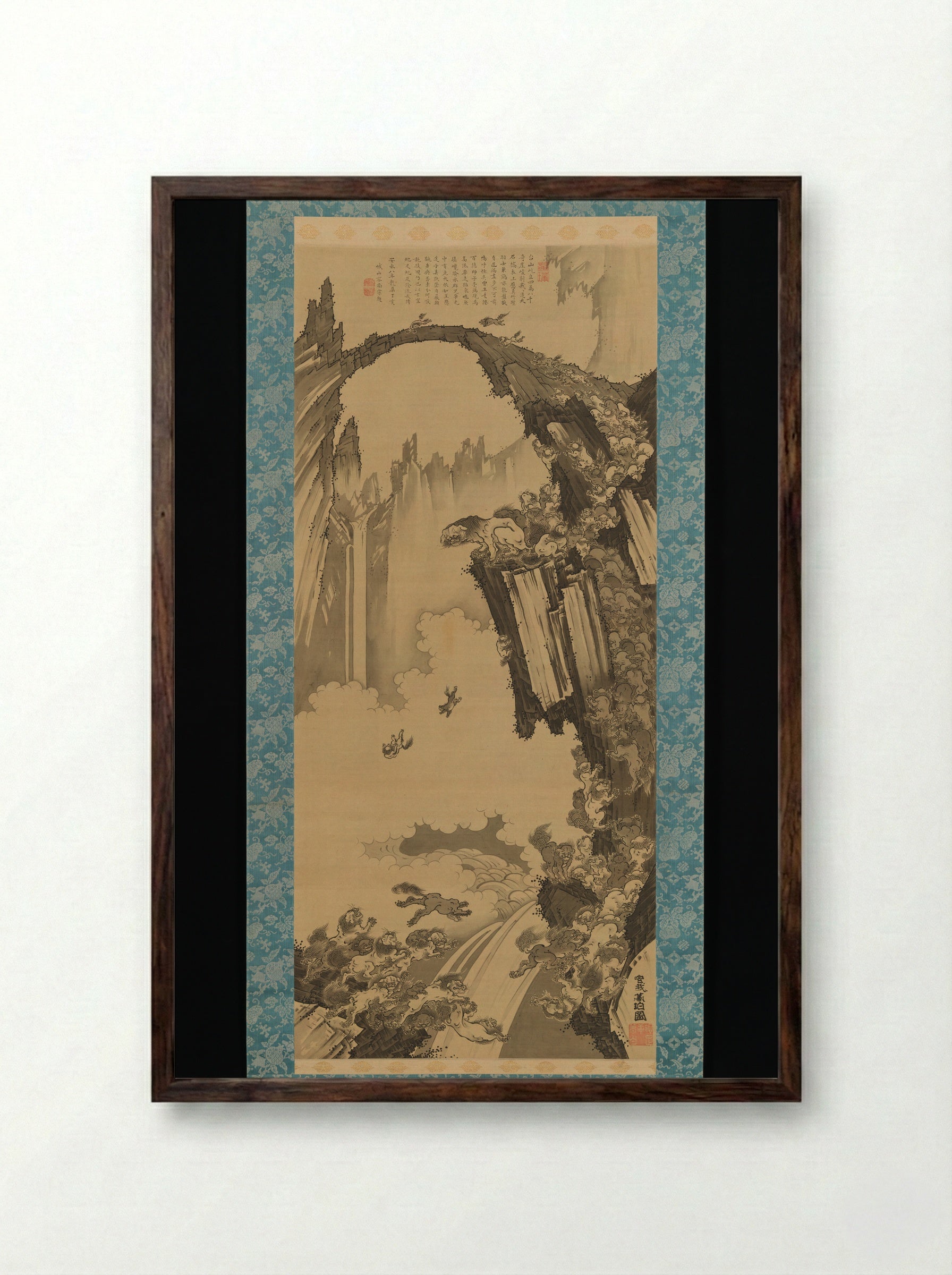 Lions at the Stone Bridge of Mount Tiantai - Soga Shōhaku - Framed Print Dark Wood