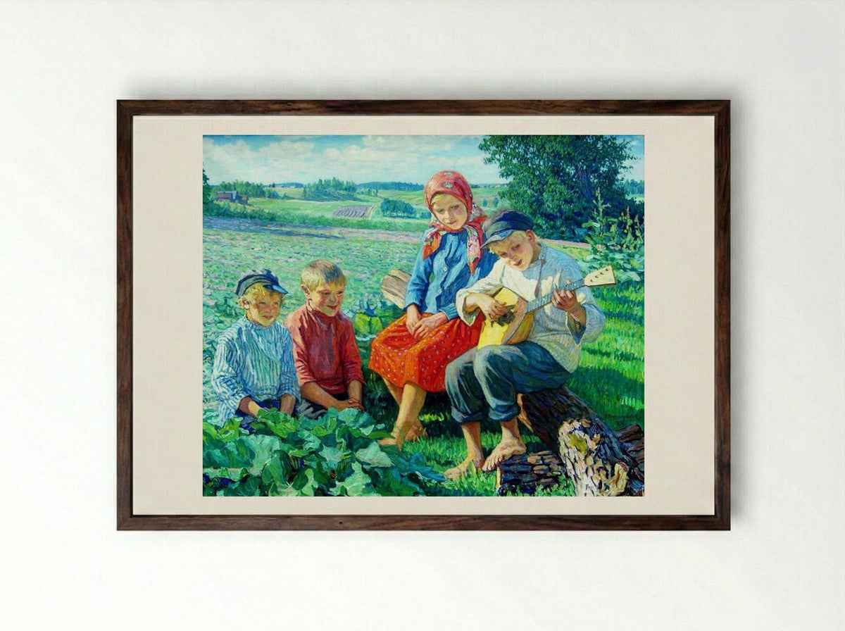 Little Concert with Balalaika - Nikolay Bogdanov-Belsky - Framed Print Dark Wood