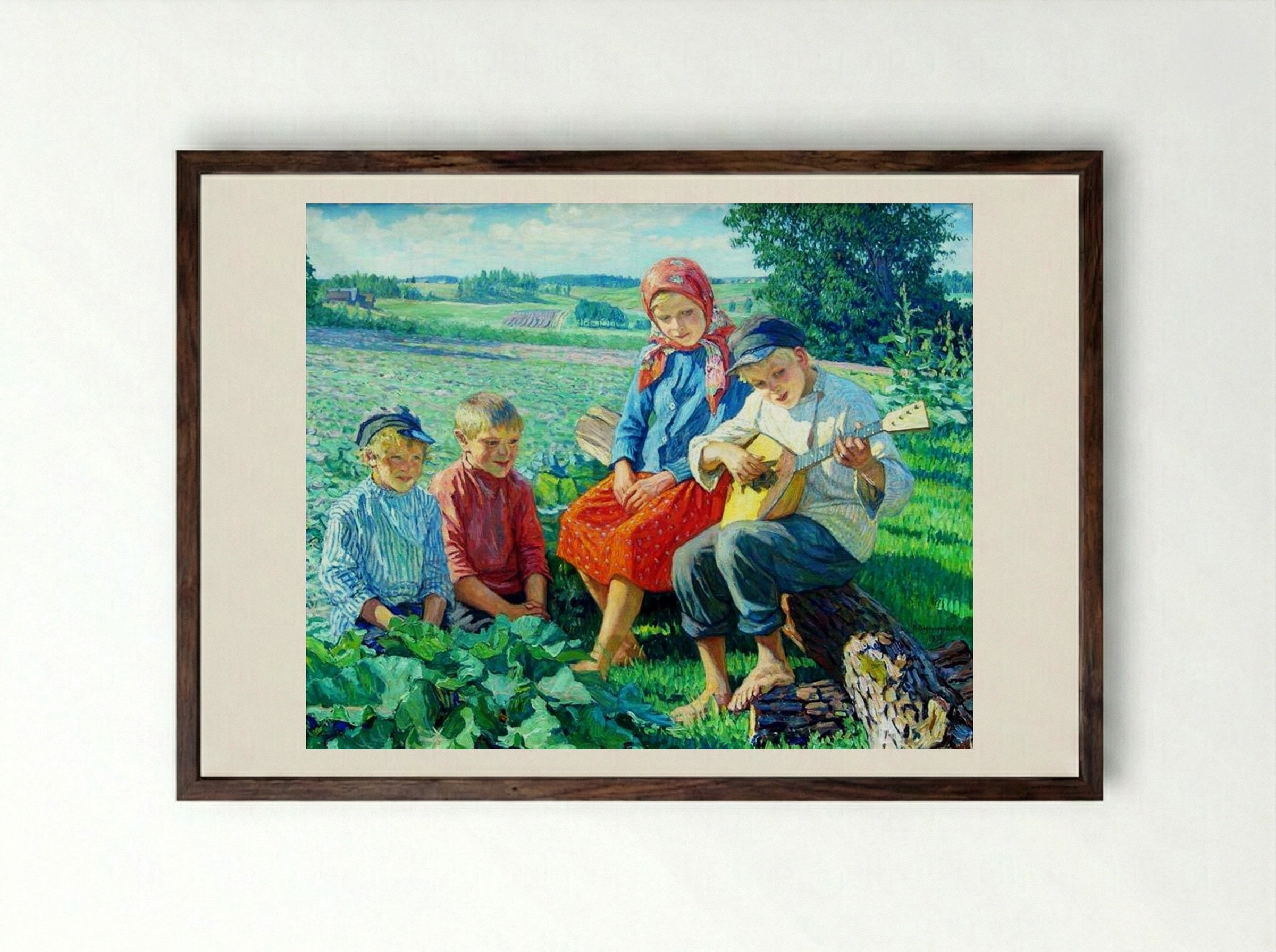 Little Concert with Balalaika - Nikolay Bogdanov-Belsky - Framed Print Dark Wood