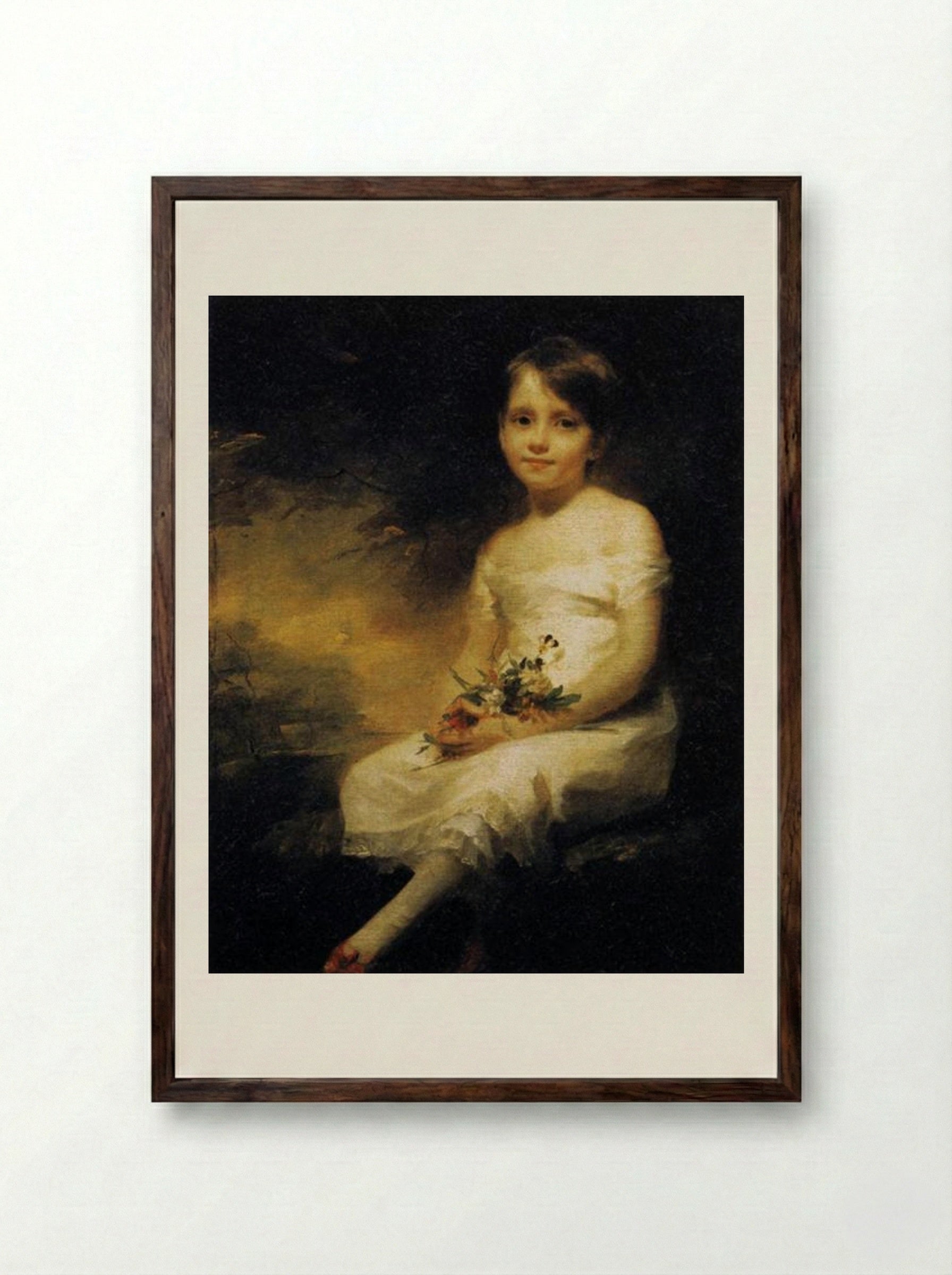 Little Girl Holding Flowers, Portrait of Nancy Graham - Henry Raeburn - Framed Print Dark Wood
