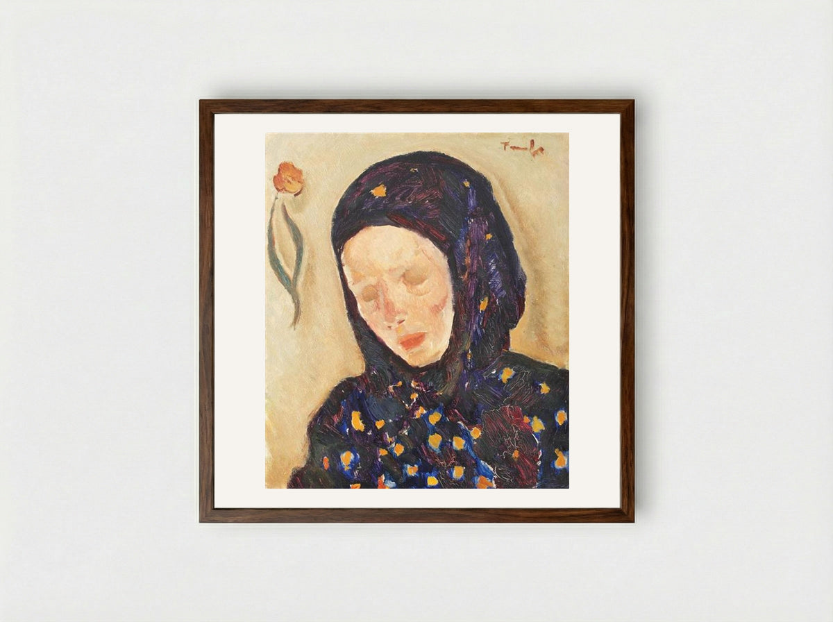 Little Girl With Flowery Headscarf - Nicolae Tonitza - Framed Print Dark Wood