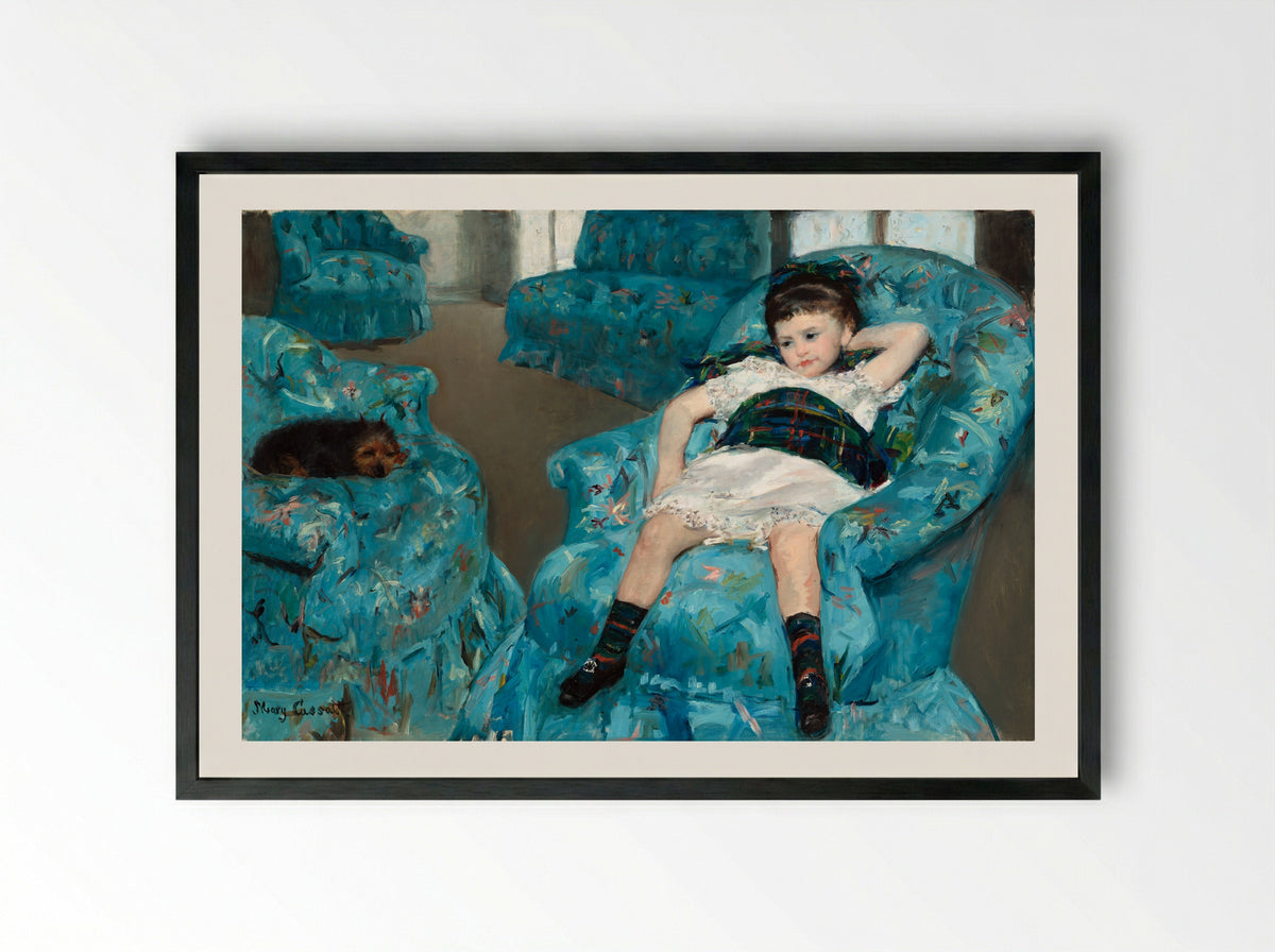 Little Girl in a Blue Armchair - Mary Cassatt - Framed Print Black