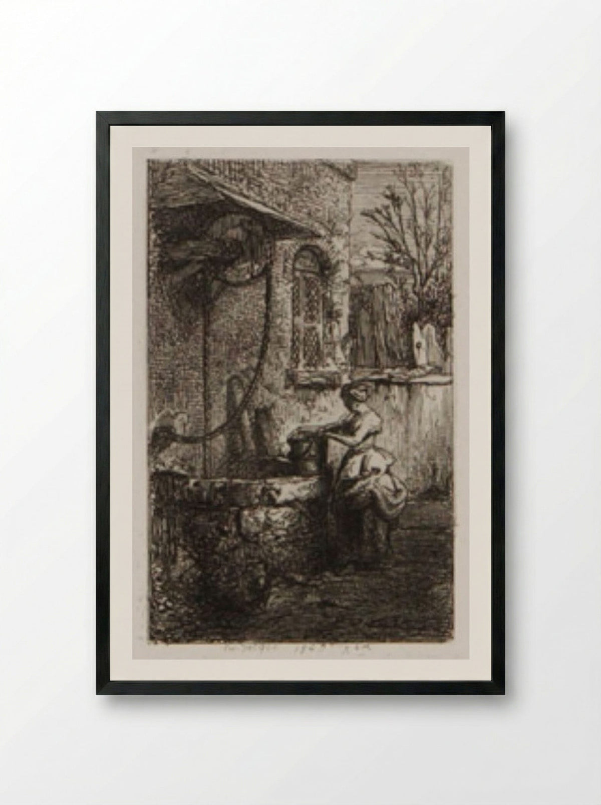 Little Woman Holding a Pail at the Edge of a Well - Charles-Émile Jacque - Framed Print Black