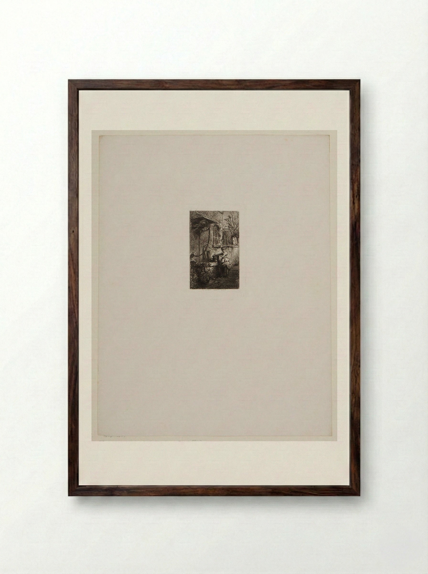 Little Woman Holding a Pail at the Edge of a Well - Charles-Émile Jacque - Framed Print Dark Wood