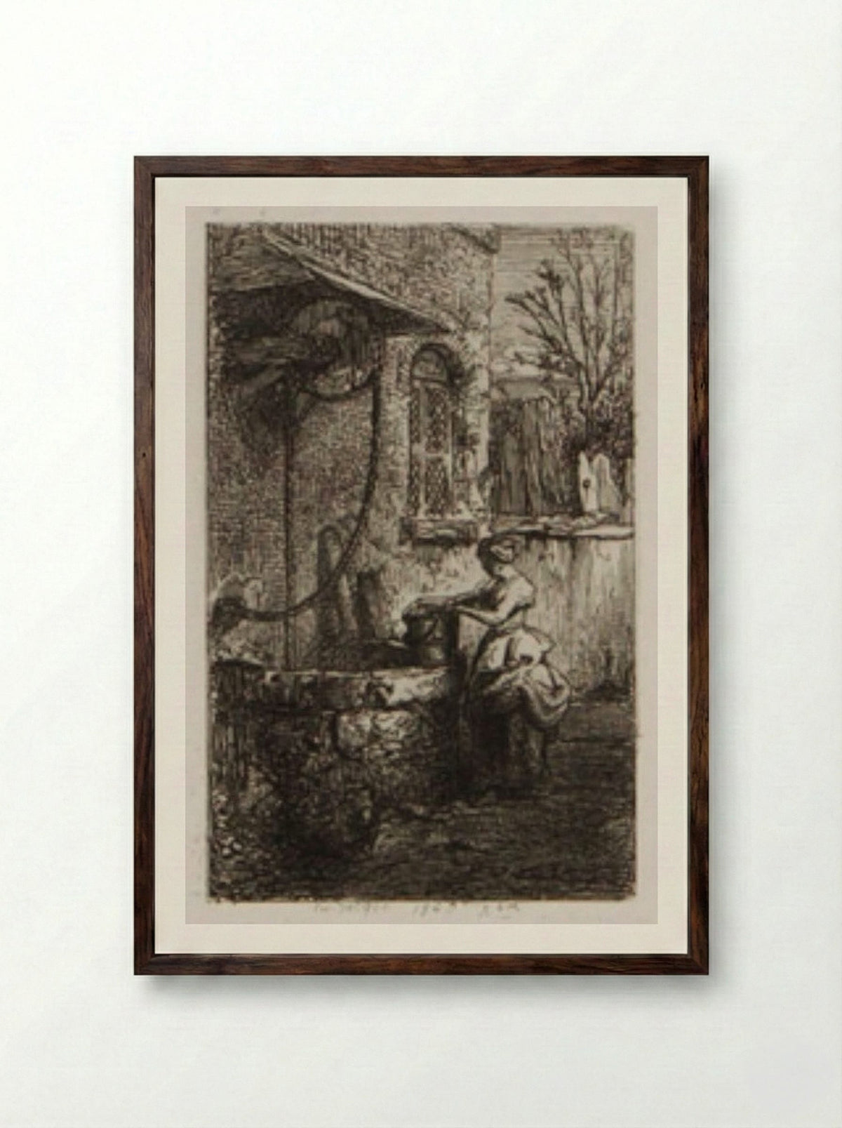 Little Woman Holding a Pail at the Edge of a Well - Charles-Émile Jacque - Framed Print Dark Wood
