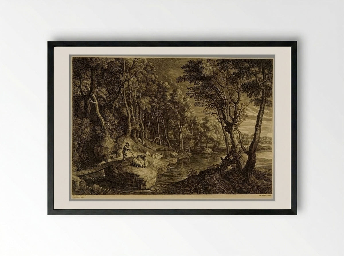 Little Wooden Bridge and Shepherd Tending Sheep - Schelte Adamsz. Bolswert - Framed Print Black