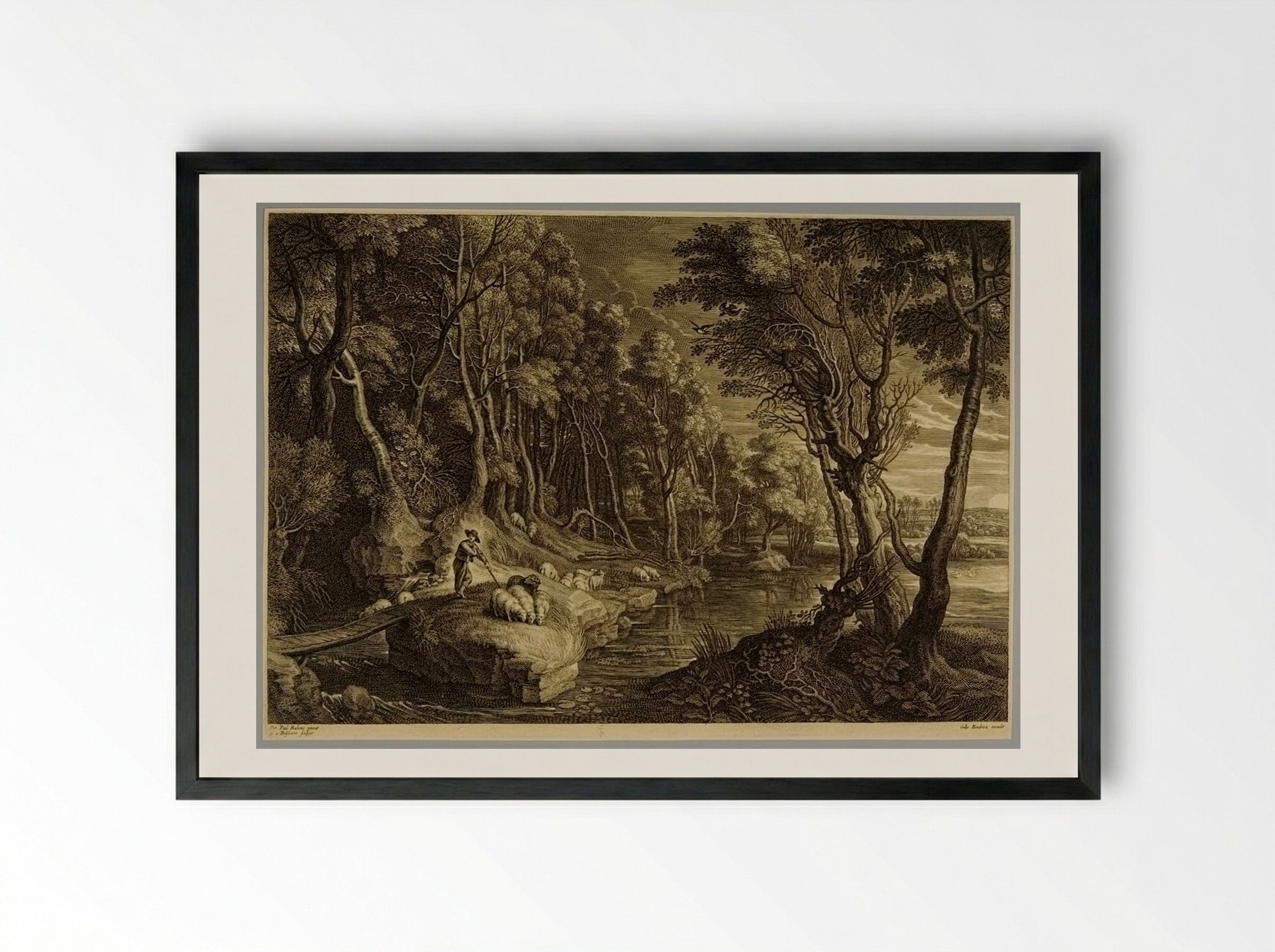 Little Wooden Bridge and Shepherd Tending Sheep - Schelte Adamsz. Bolswert - Framed Print Black