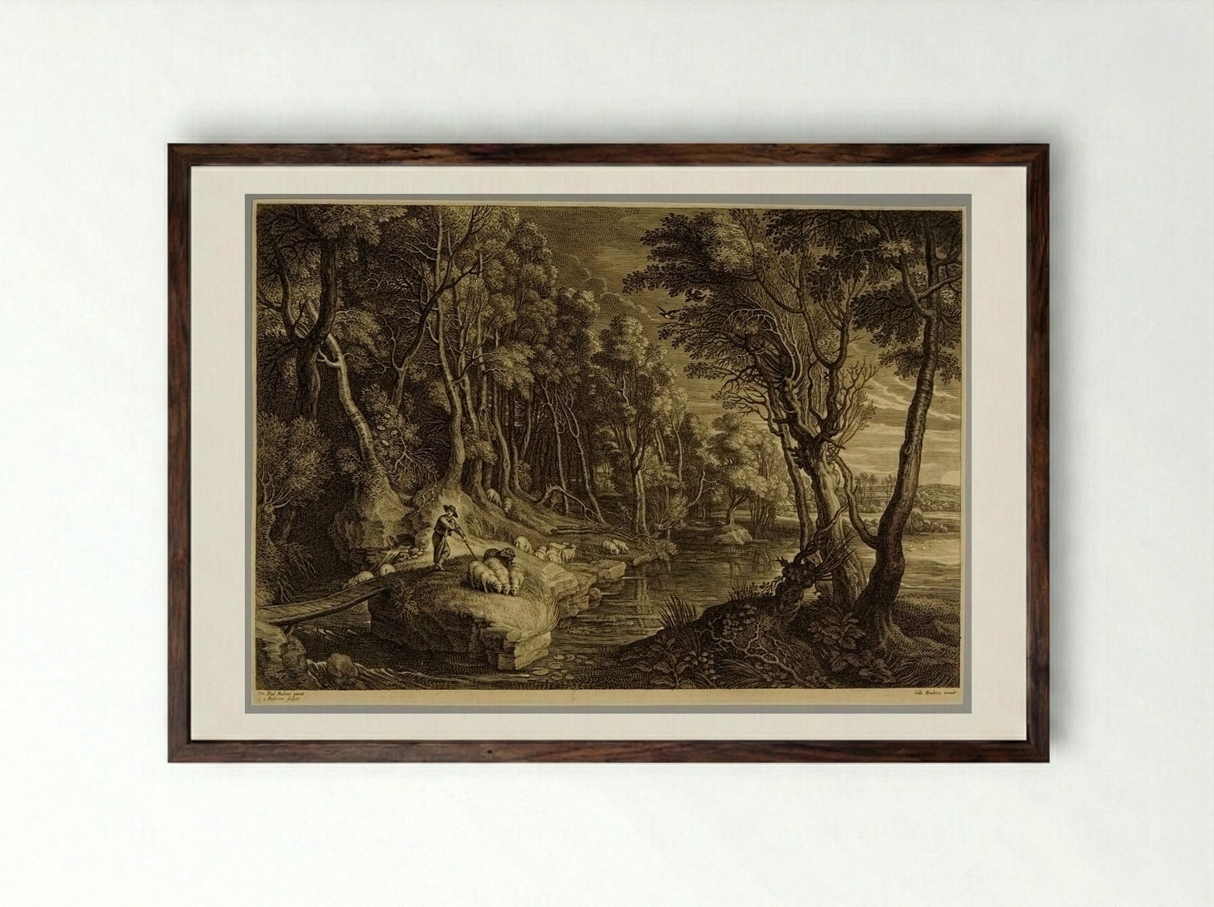 Little Wooden Bridge and Shepherd Tending Sheep - Schelte Adamsz. Bolswert - Framed Print Dark Wood
