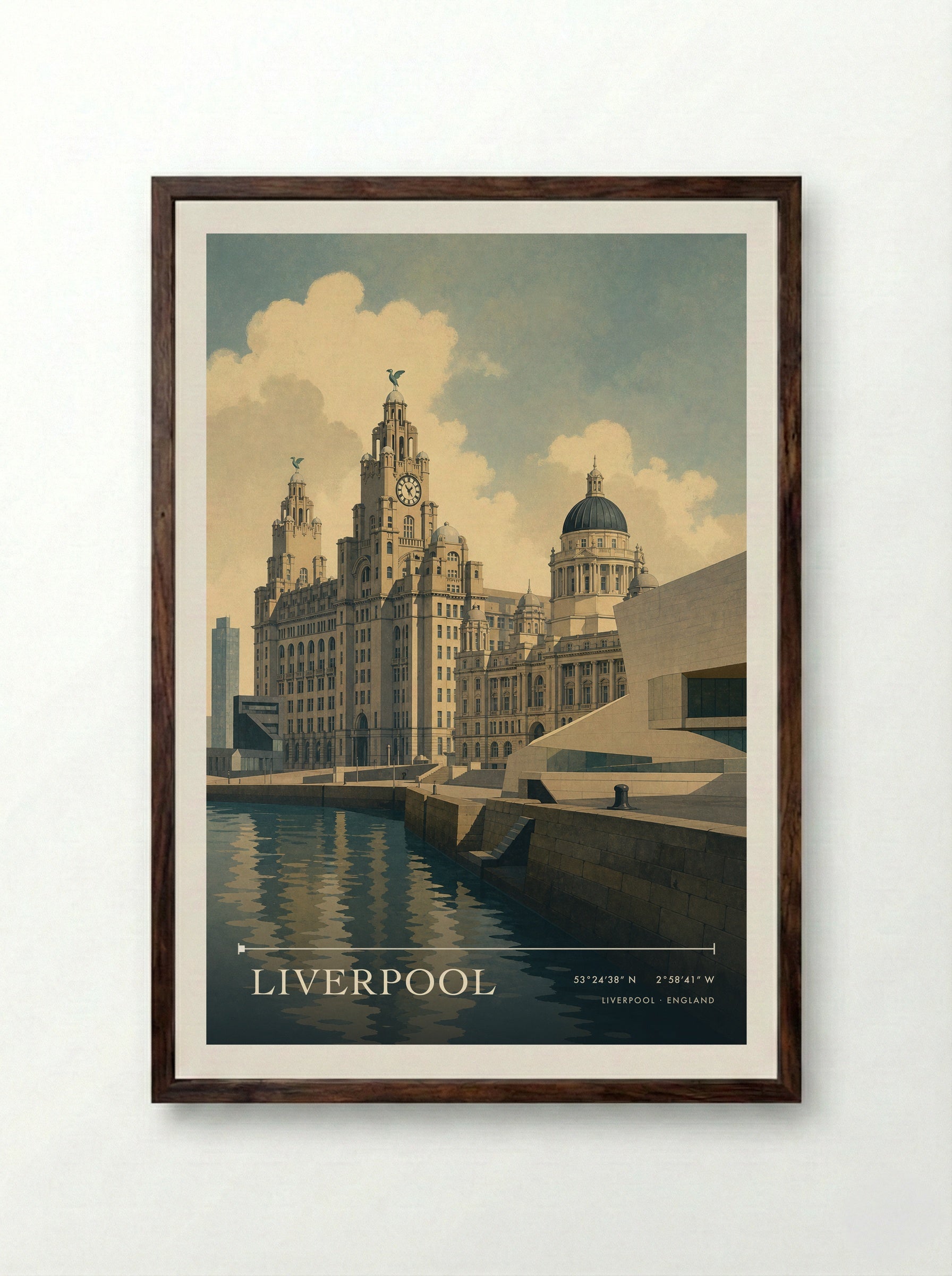 Liverpool England Travel Poster - Framed Print Dark Wood