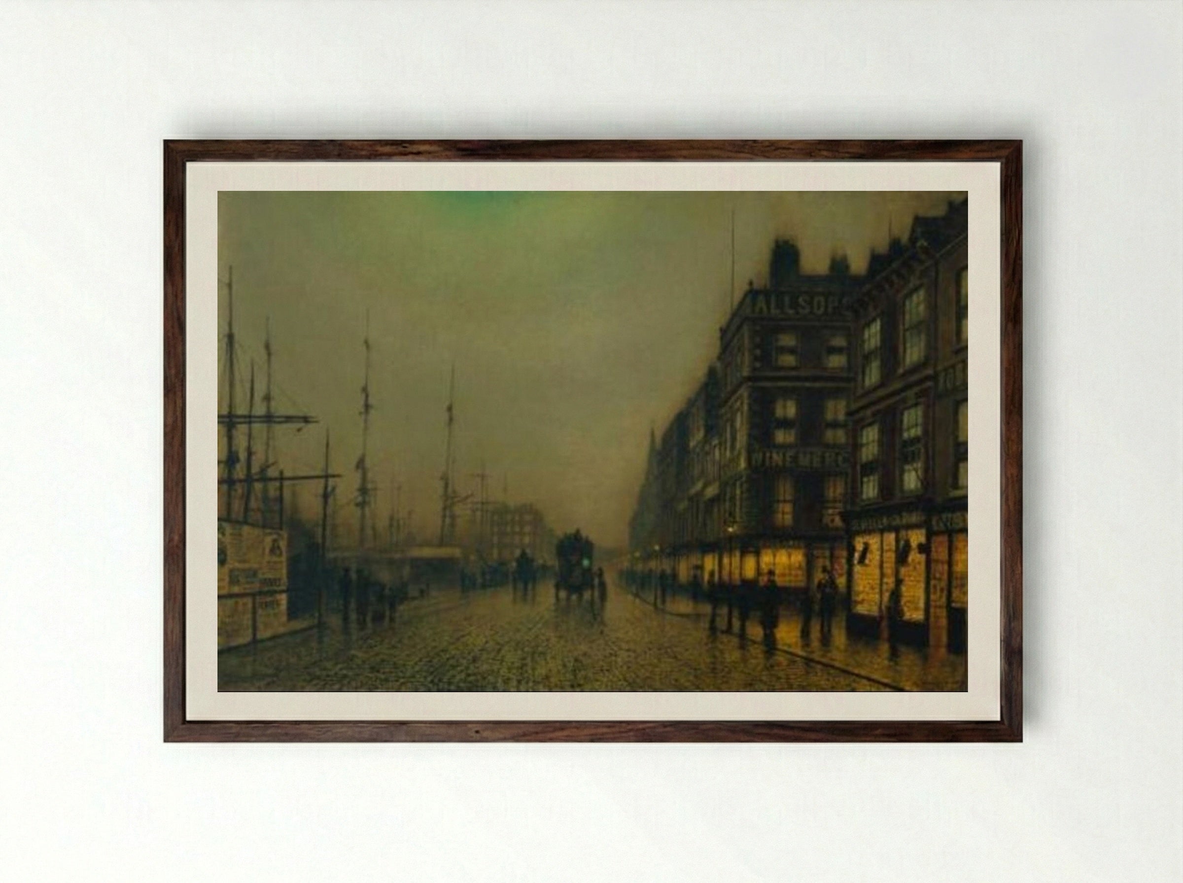 Liverpool Quay by Moonlight - John Atkinson Grimshaw - Framed Print Dark Wood