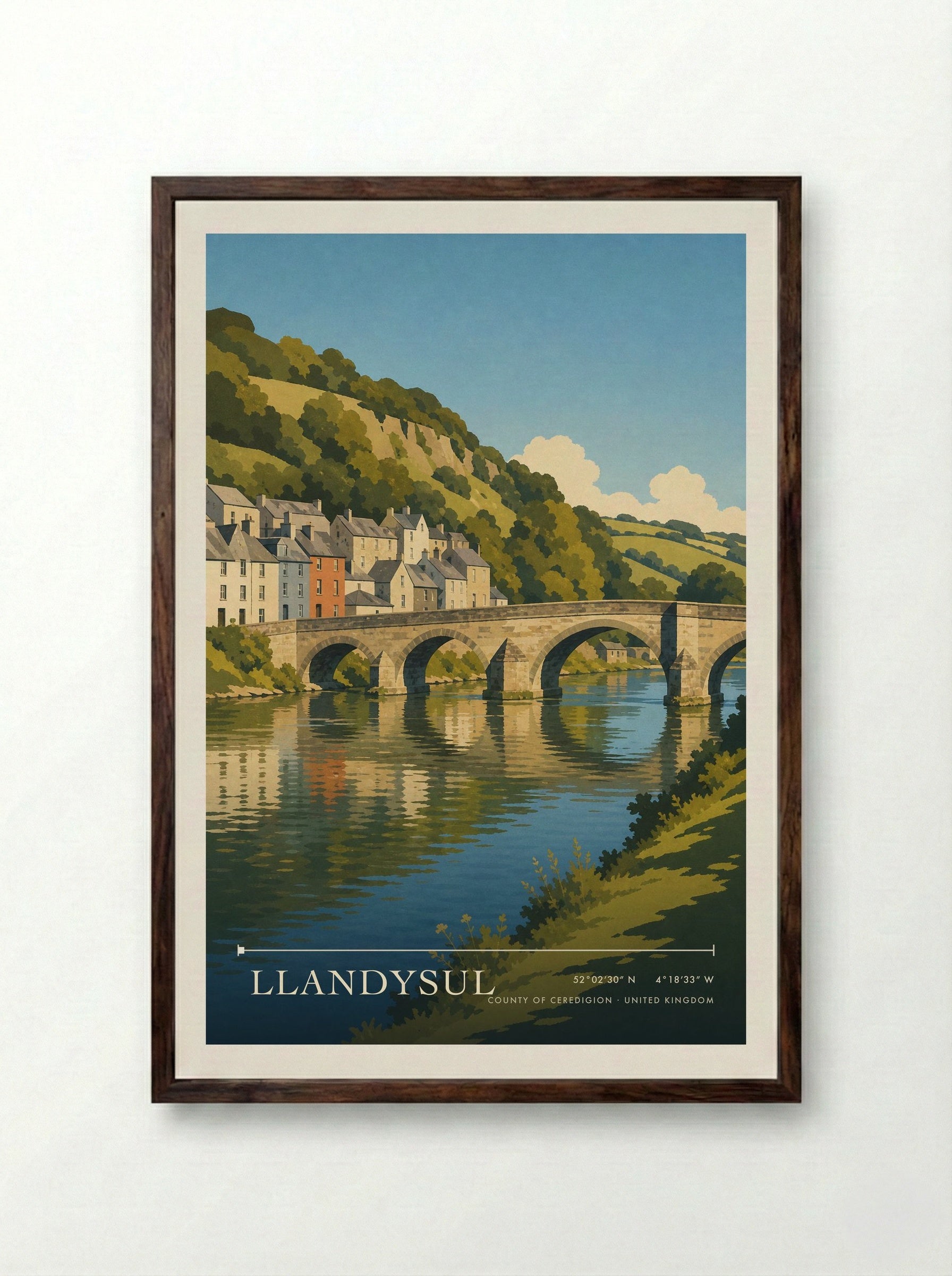 Llandysul County of Ceredigion United Kingdom Travel Poster - Framed Print Dark Wood