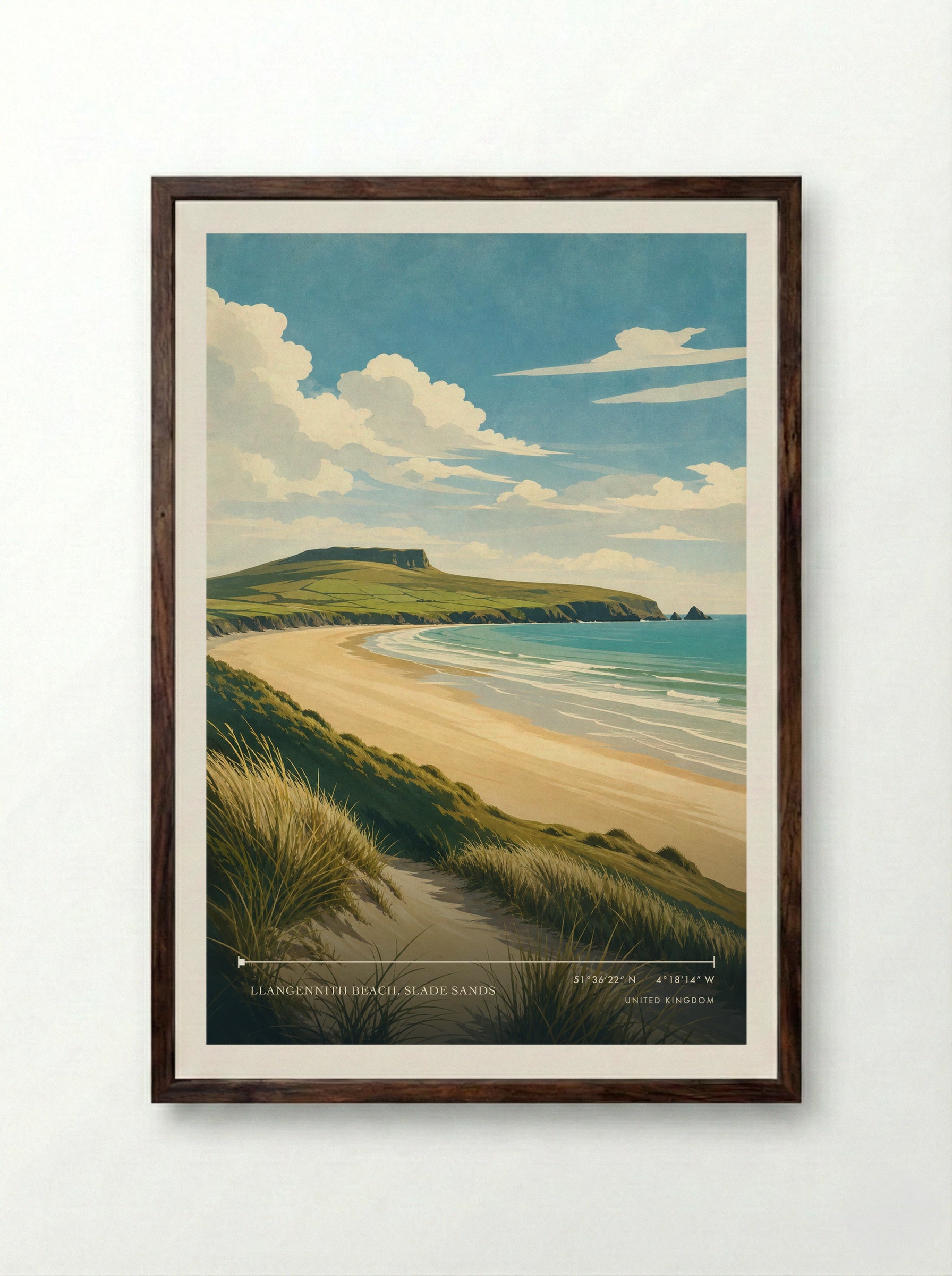 Llangennith Beach, Slade Sands United Kingdom Travel Poster - Framed Print Dark Wood