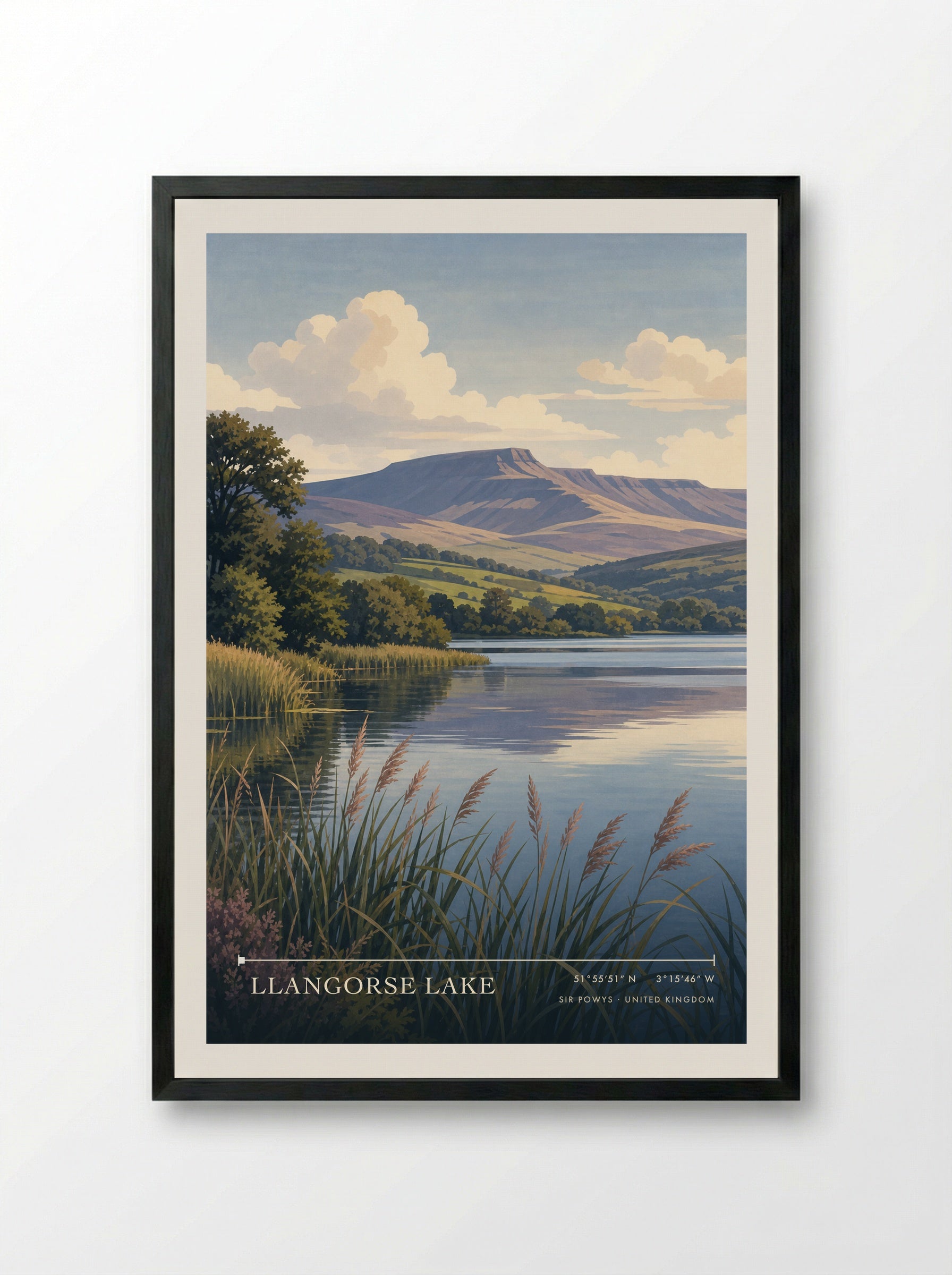 Llangorse Lake Sir Powys United Kingdom Travel Poster - Framed Print Black