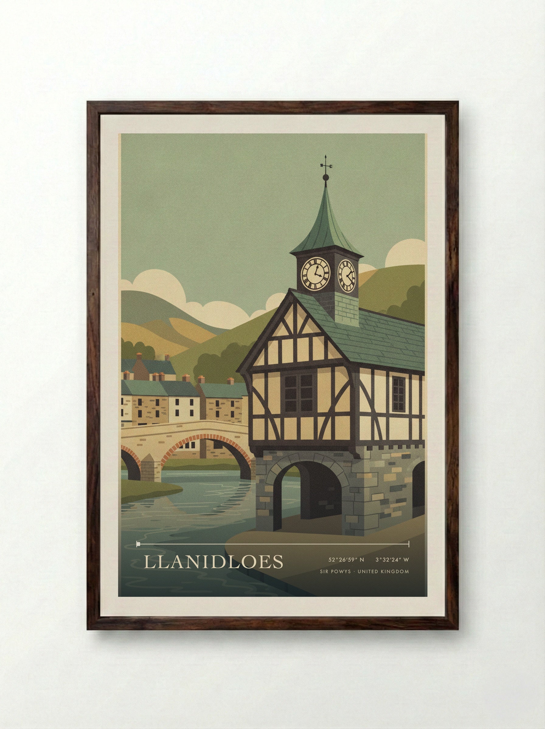 Llanidloes Sir Powys United Kingdom Travel Poster - Framed Print Dark Wood