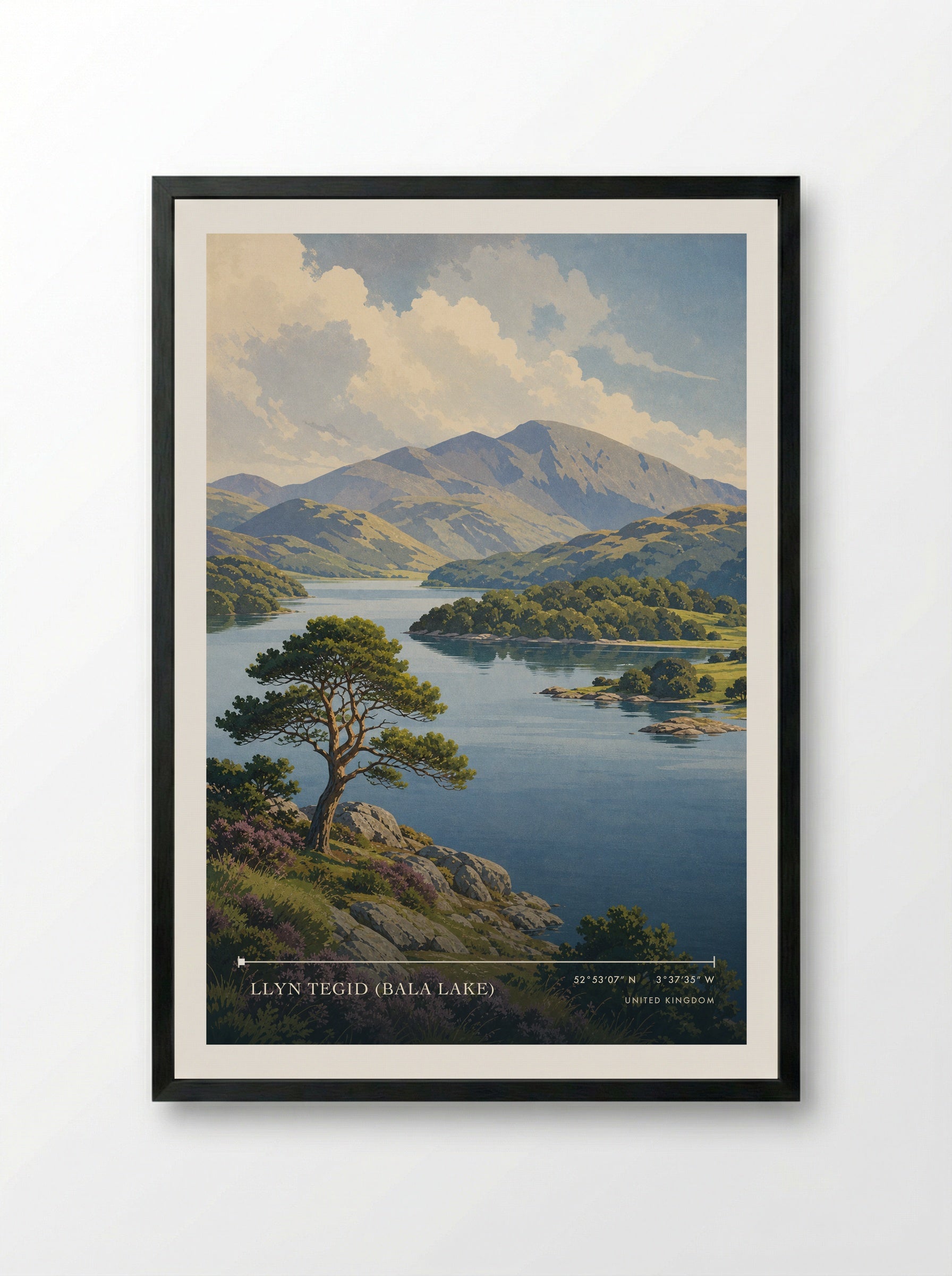 Llyn Tegid (Bala Lake) United Kingdom Travel Poster - Framed Print Black