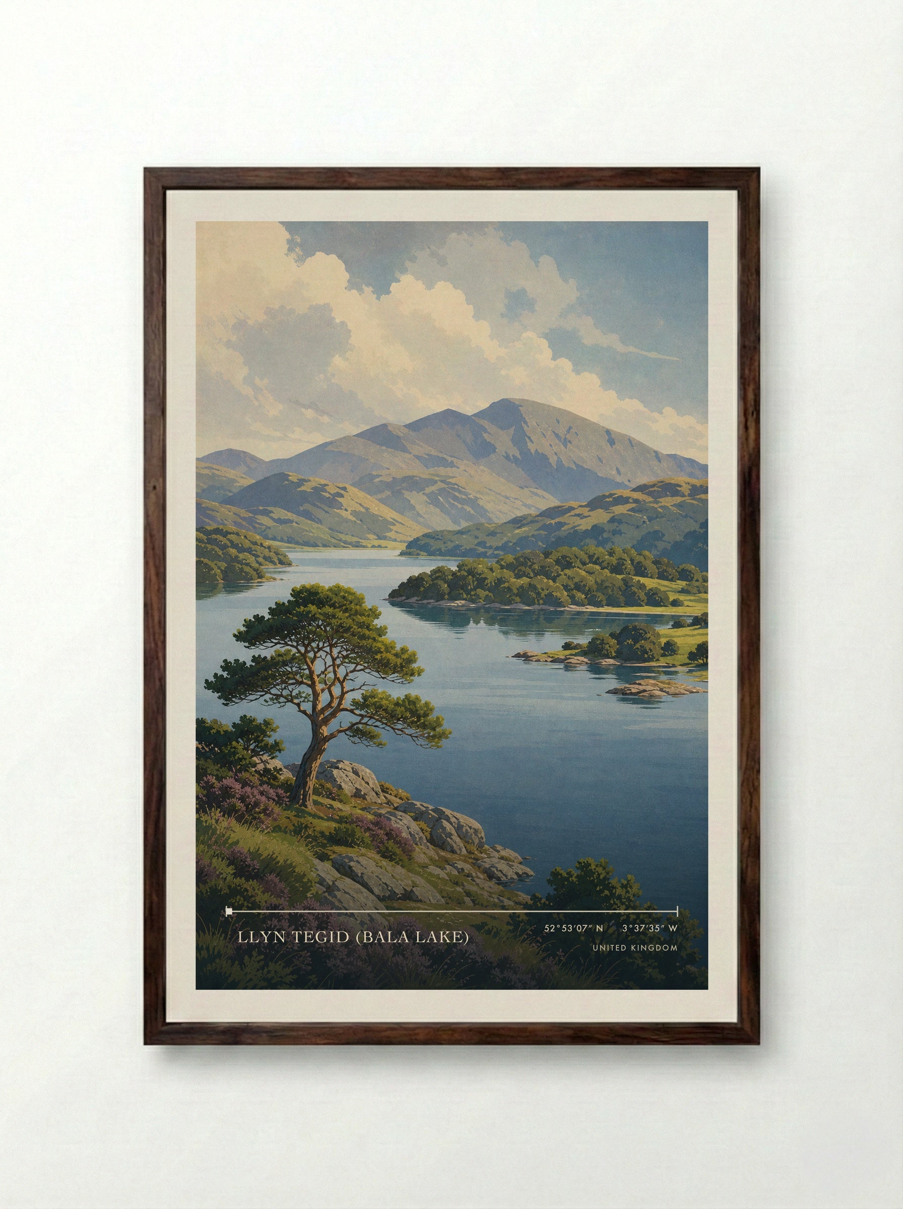 Llyn Tegid (Bala Lake) United Kingdom Travel Poster - Framed Print Dark Wood
