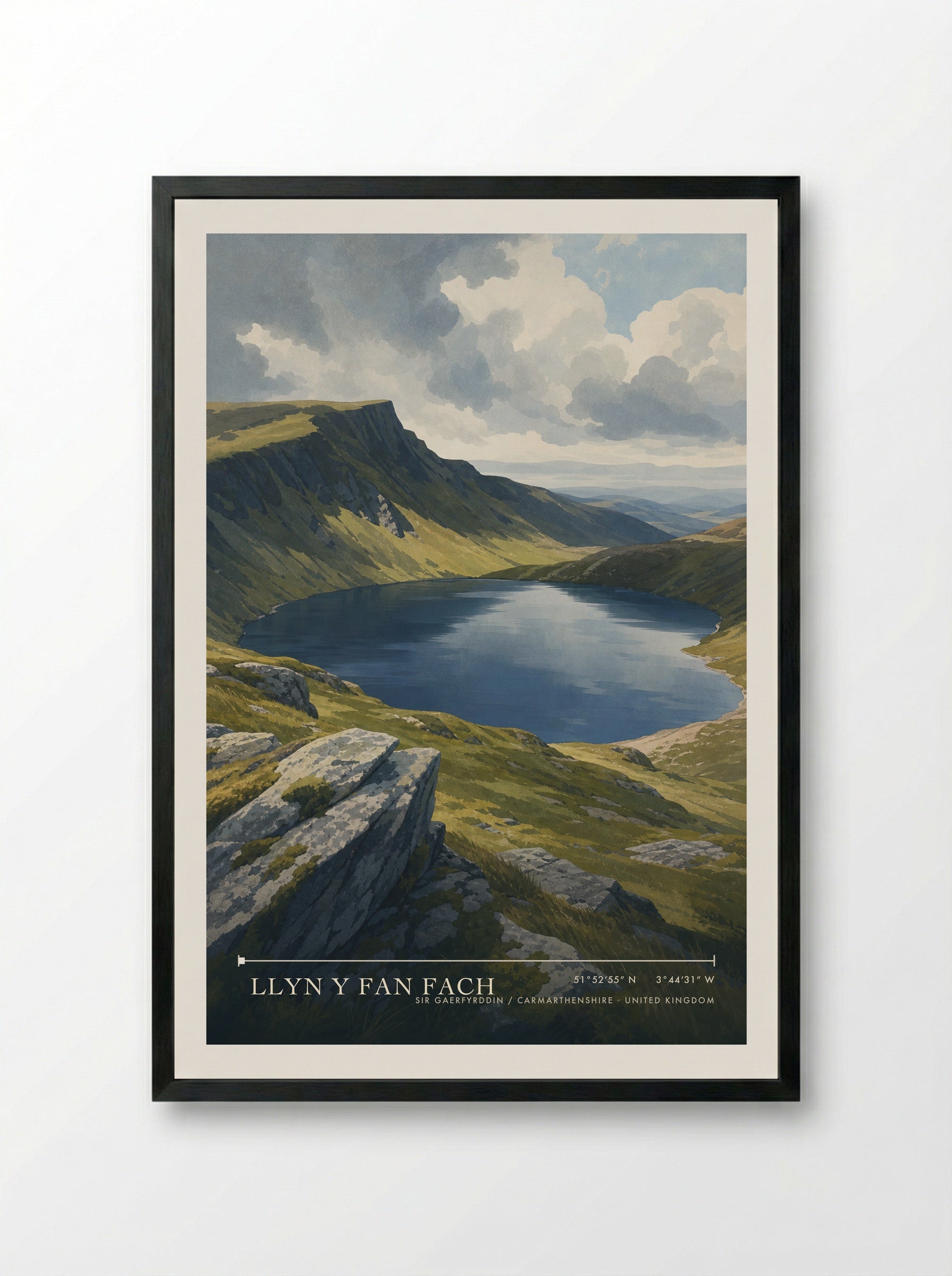 Llyn y Fan Fach Sir Gaerfyrddin / Carmarthenshire United Kingdom Travel Poster - Framed Print Black
