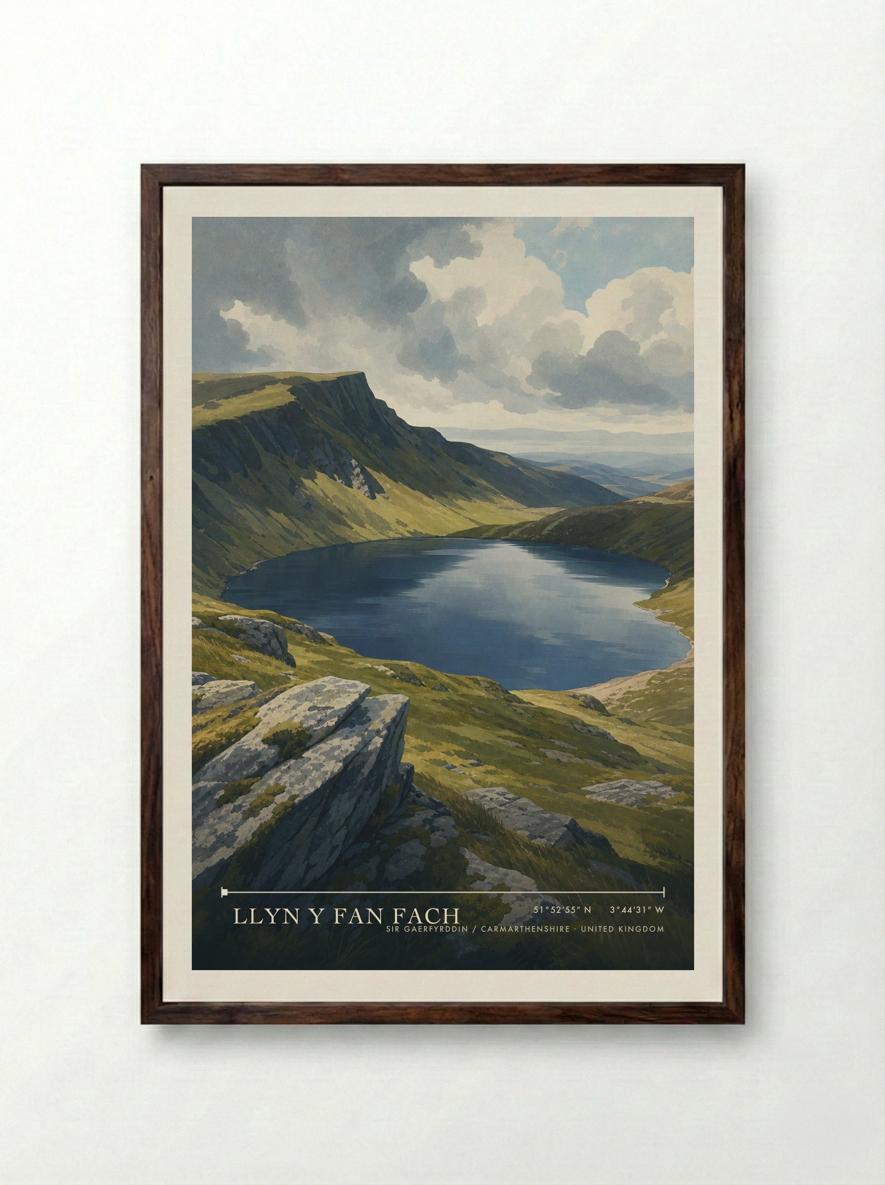 Llyn y Fan Fach Sir Gaerfyrddin / Carmarthenshire United Kingdom Travel Poster - Framed Print Dark Wood