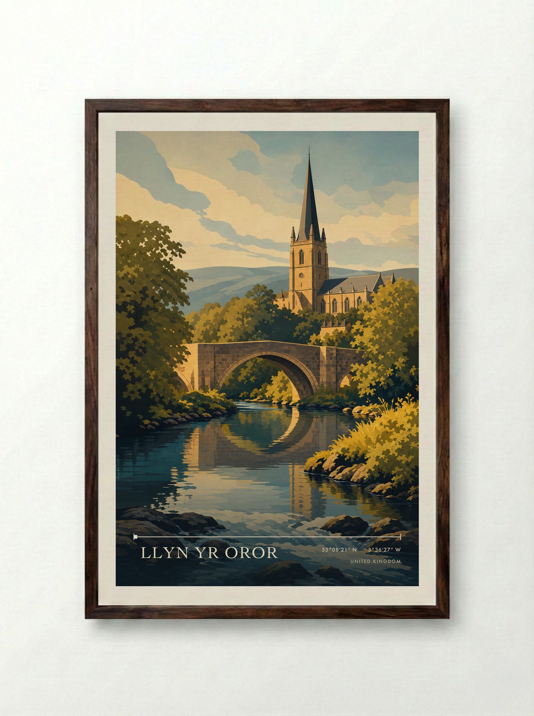 Llyn yr Oror United Kingdom Travel Poster - Framed Print Dark Wood