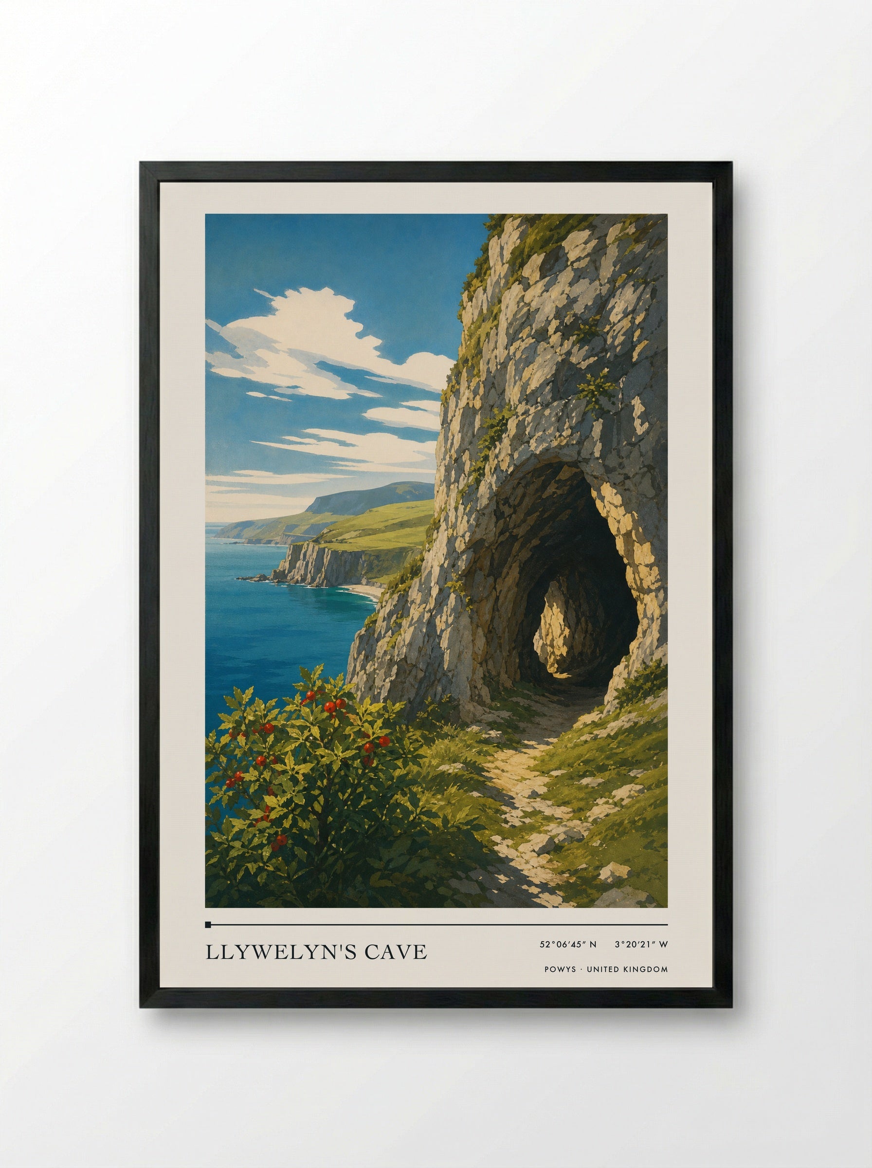 Llywelyn's Cave Powys United Kingdom Travel Poster - Framed Print Black