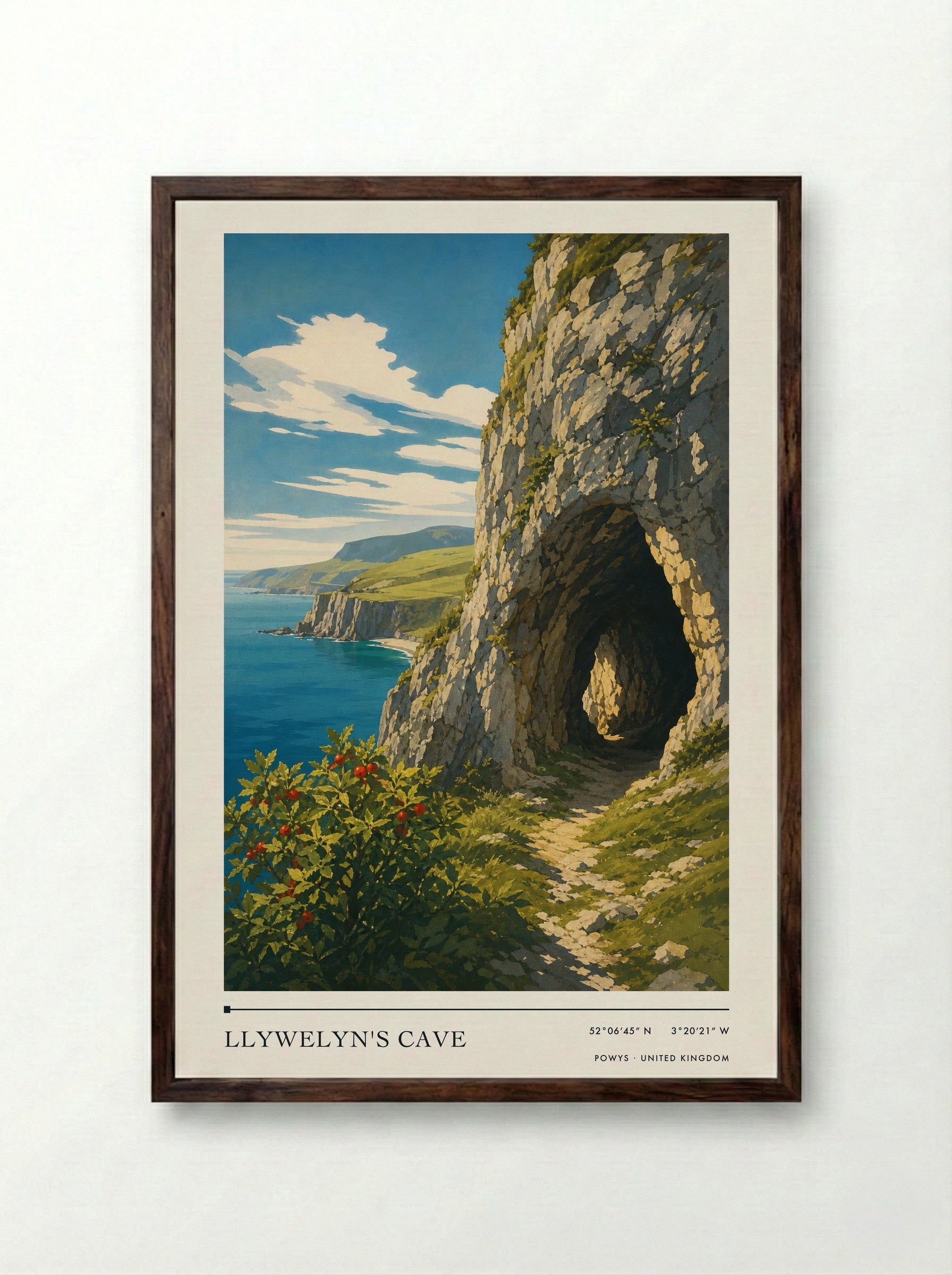 Llywelyn's Cave Powys United Kingdom Travel Poster - Framed Print Dark Wood