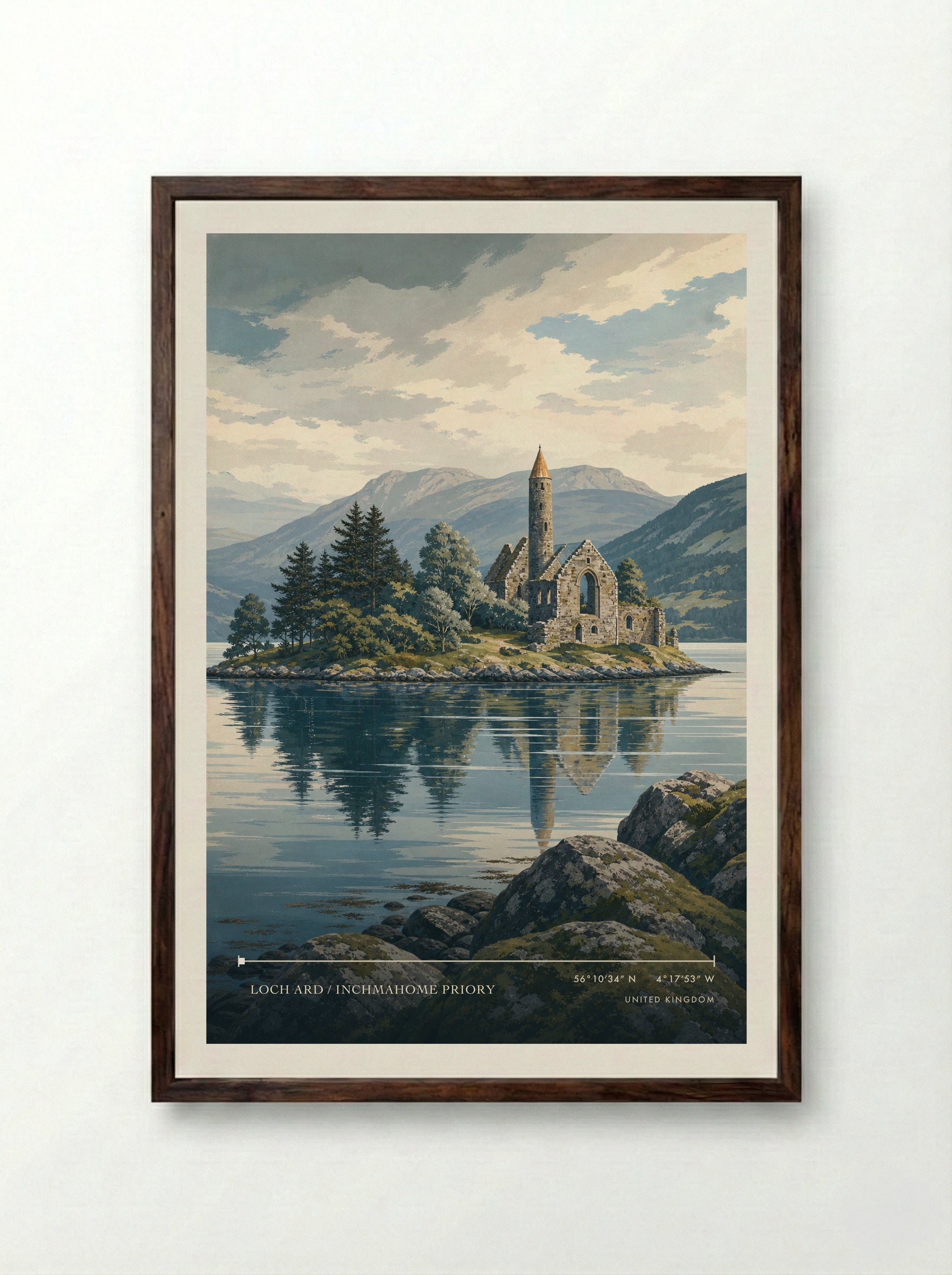 Loch Ard / Inchmahome Priory United Kingdom Travel Poster - Framed Print Dark Wood