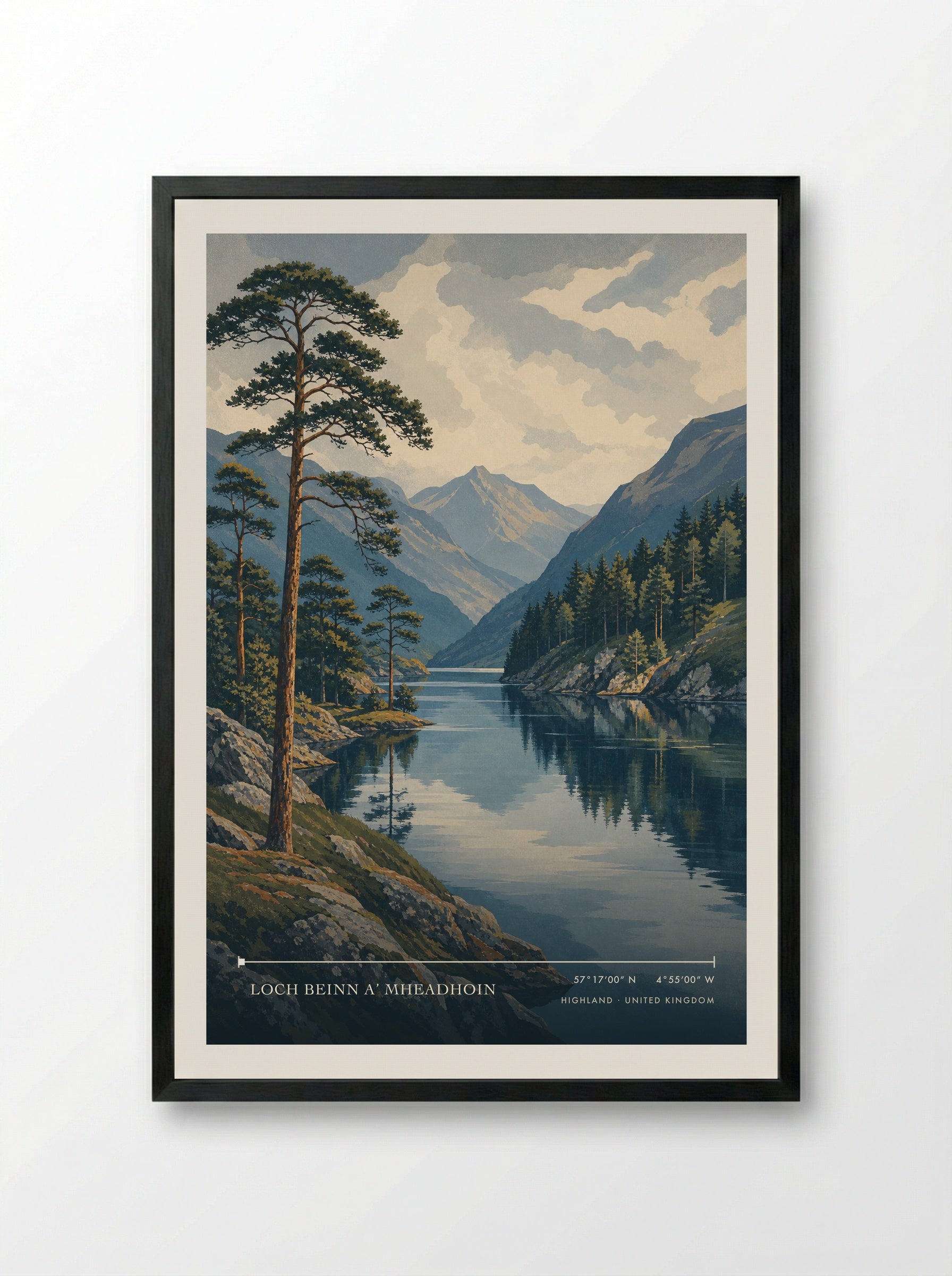 Loch Beinn a’ Mheadhoin Highland United Kingdom Travel Poster - Framed Print Black
