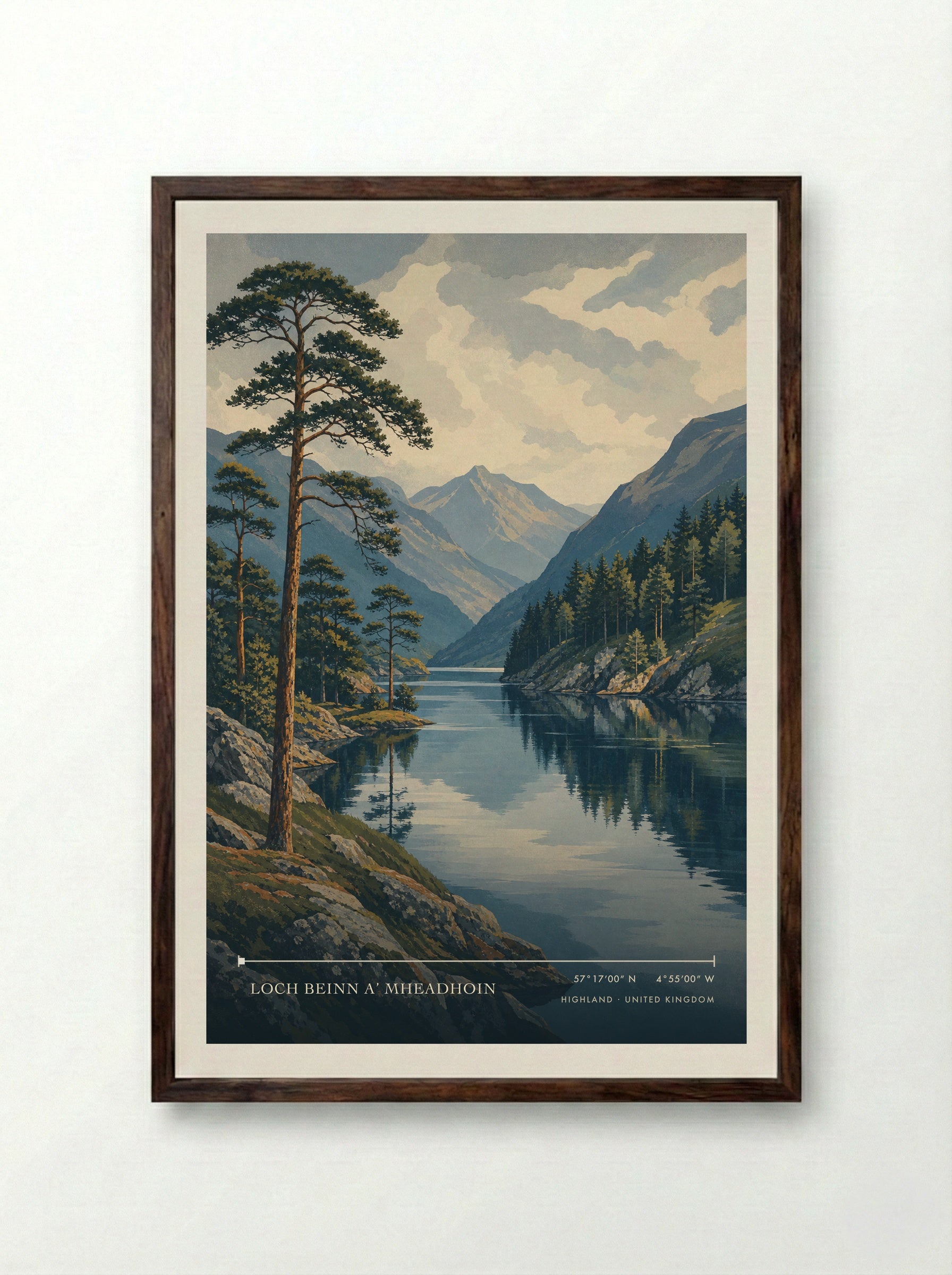 Loch Beinn a’ Mheadhoin Highland United Kingdom Travel Poster - Framed Print Dark Wood